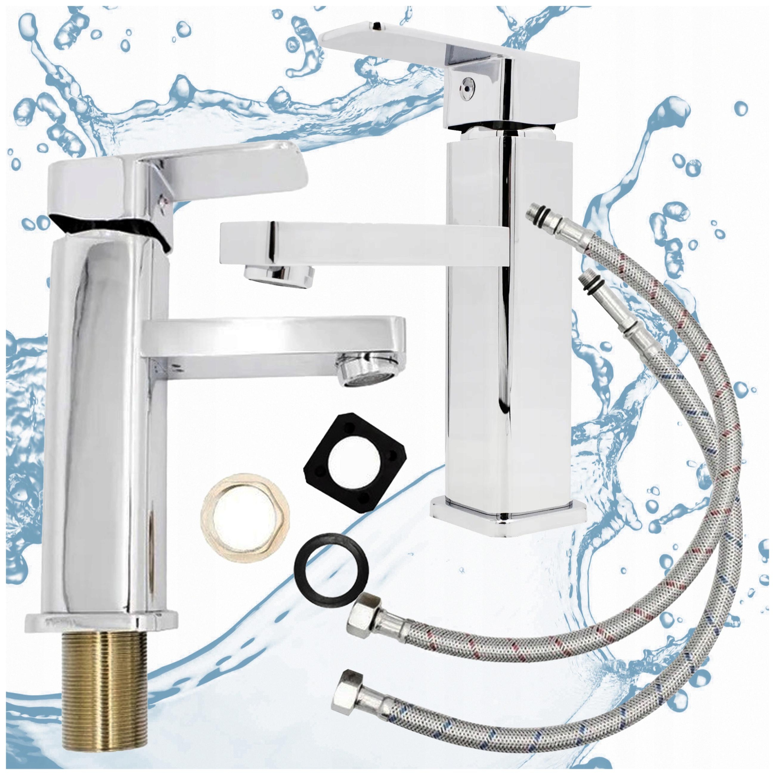 Stojánková umyvadlová baterie do koupelny, čtvercová, Stříbrná, přípojka Caro