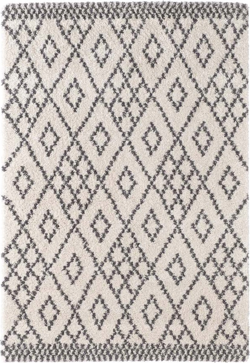 Koberec shaggy do obývačky 120 x 170 cm, šedo-krémové mäkké štetiny s boho vzorom