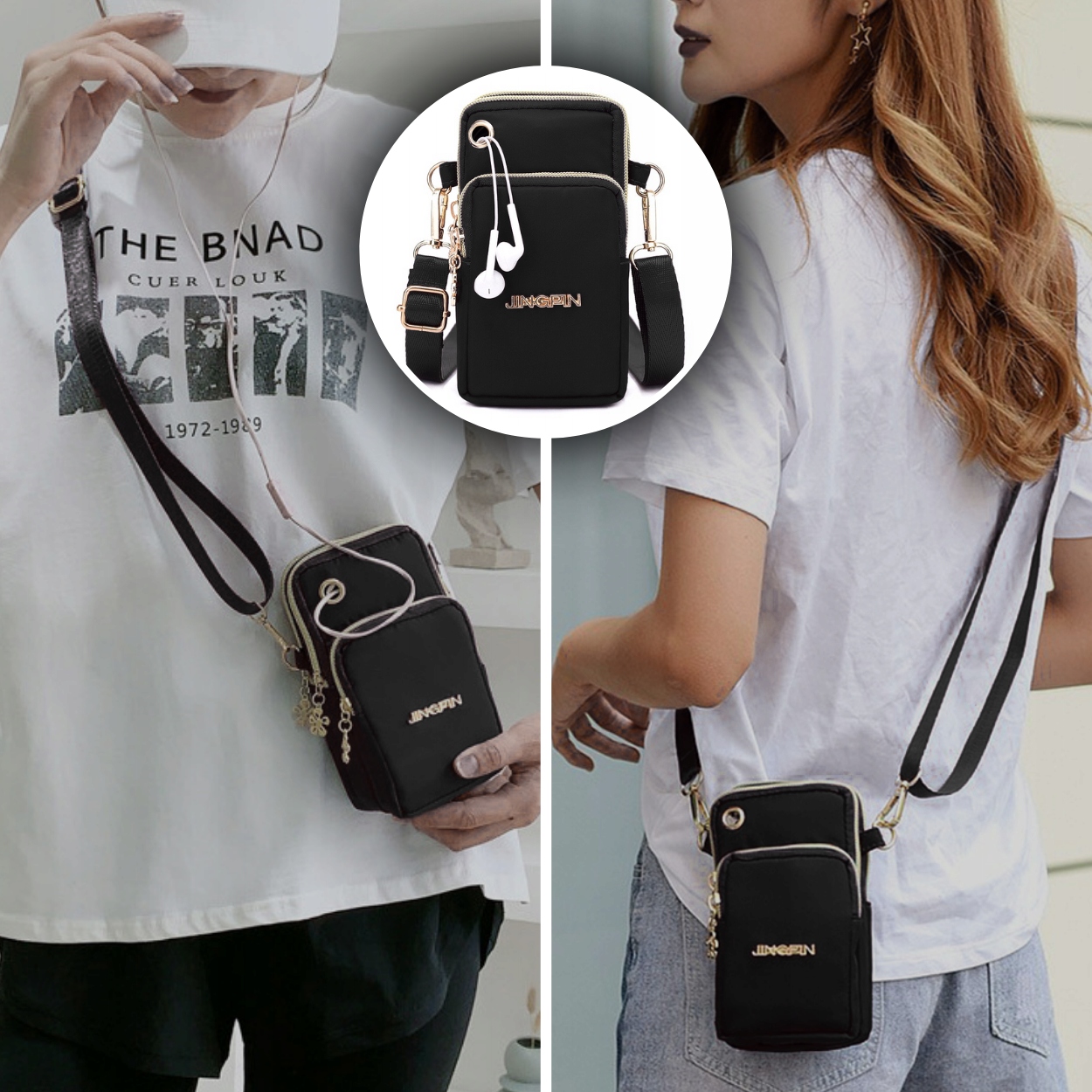 Torebka na telefon portfel kopertówka 2w1 miejska na ramię czarna etui Wielkość mała (nie mieszcząca A4)