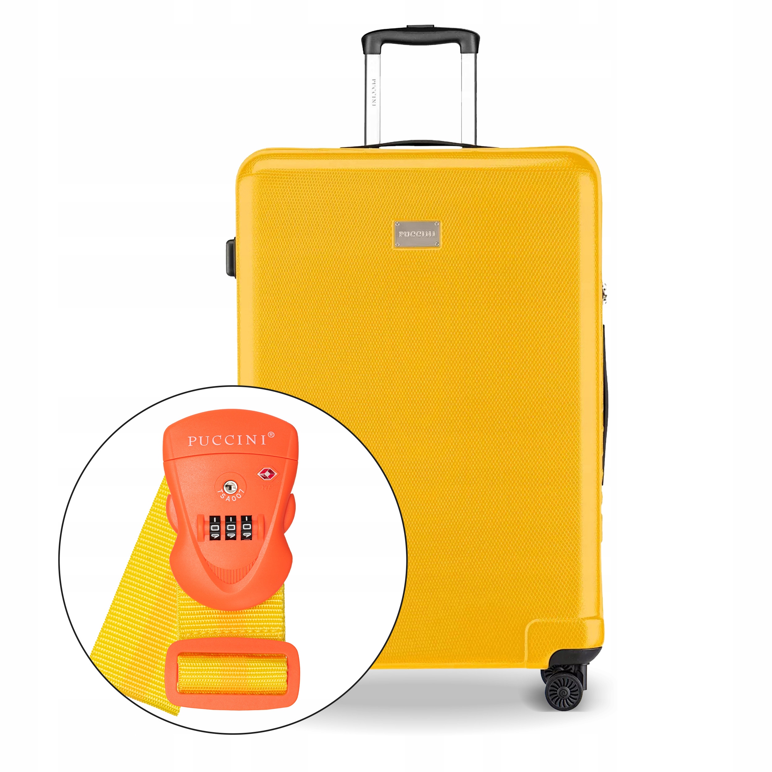 Velký cestovní kufr na kolečkách Puccini, tvrdý, žlutý bezpečnostní pás
