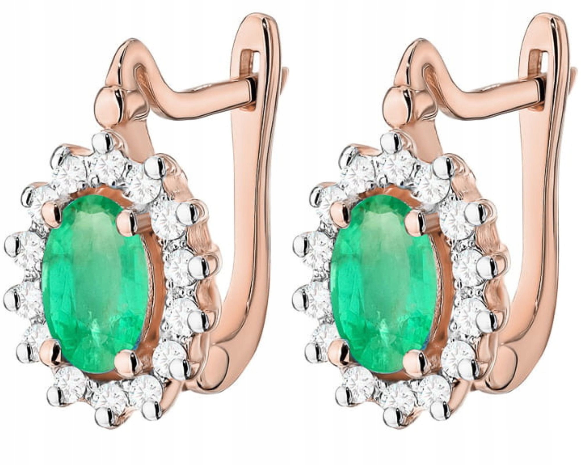 Růžové Zlato Náušnice S Brilianty Zelený Přírodní Kámen Smaragd Gravírování
