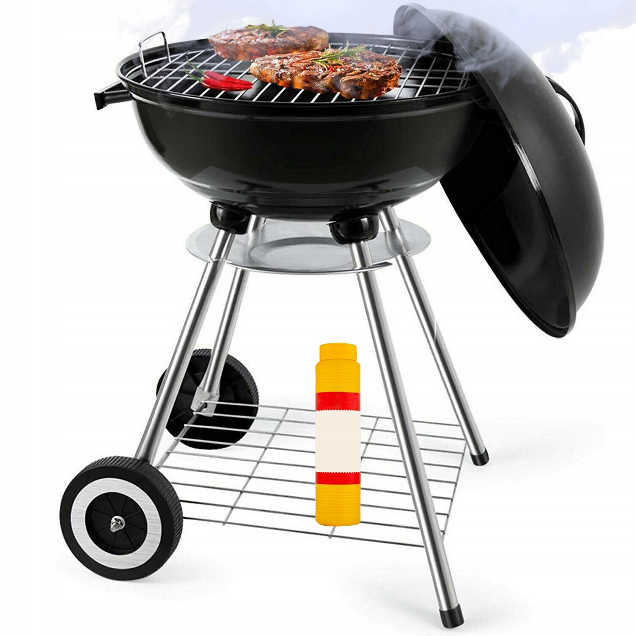 GRILL WĘGLOWY OGRODOWY Z POKRYWĄ DUŻY OKRĄGŁY POPIELNIK KÓŁKA PÓŁKA Szerokość grilla 43 cm