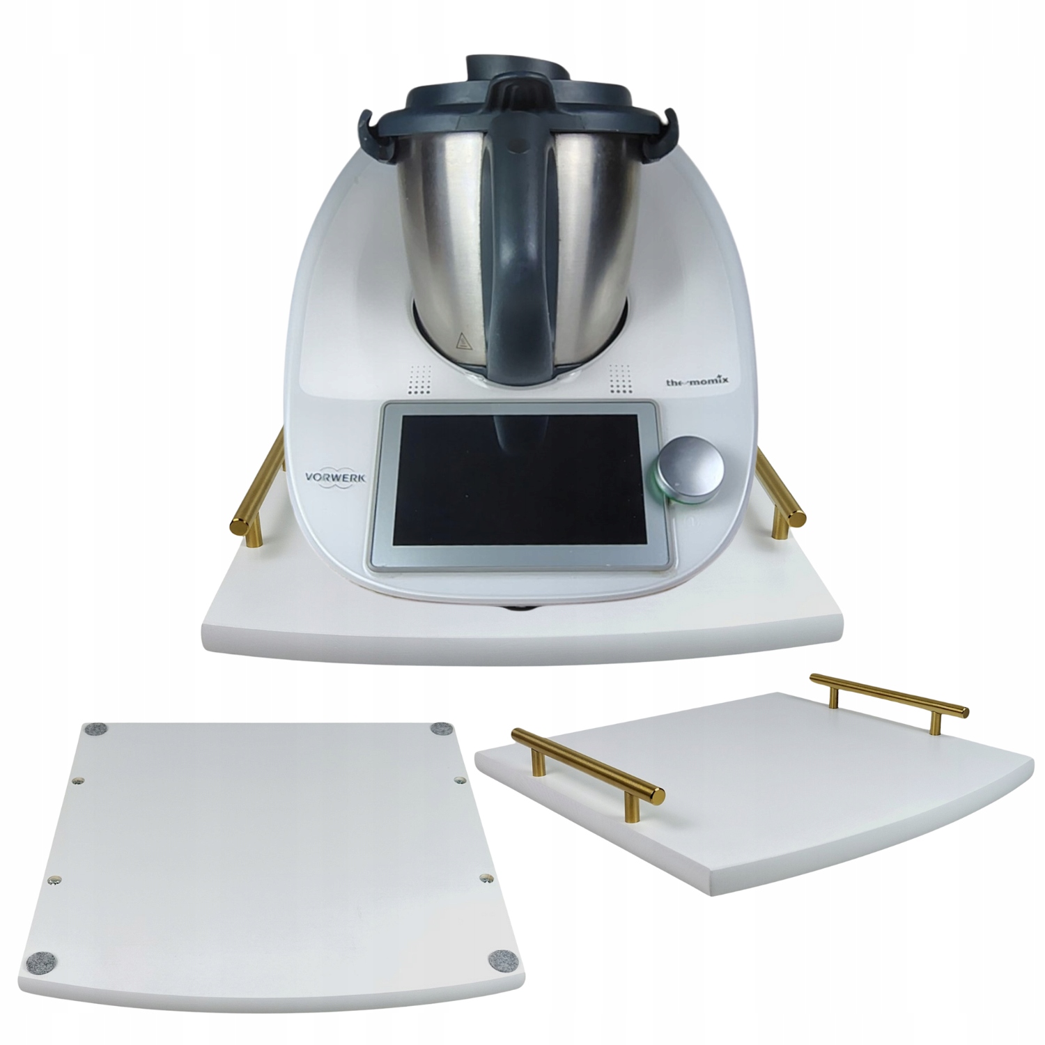 Podstavec Dřevěná Podložka Thermomix Termorobot Kovové Úchytky Bílá