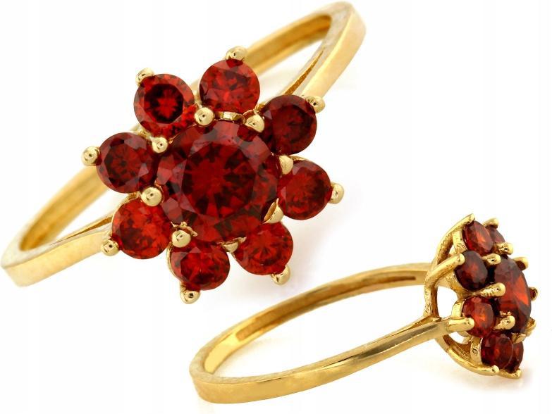 Prstýnek 585 kulatá markýza s květinou a červenými zirkony r12