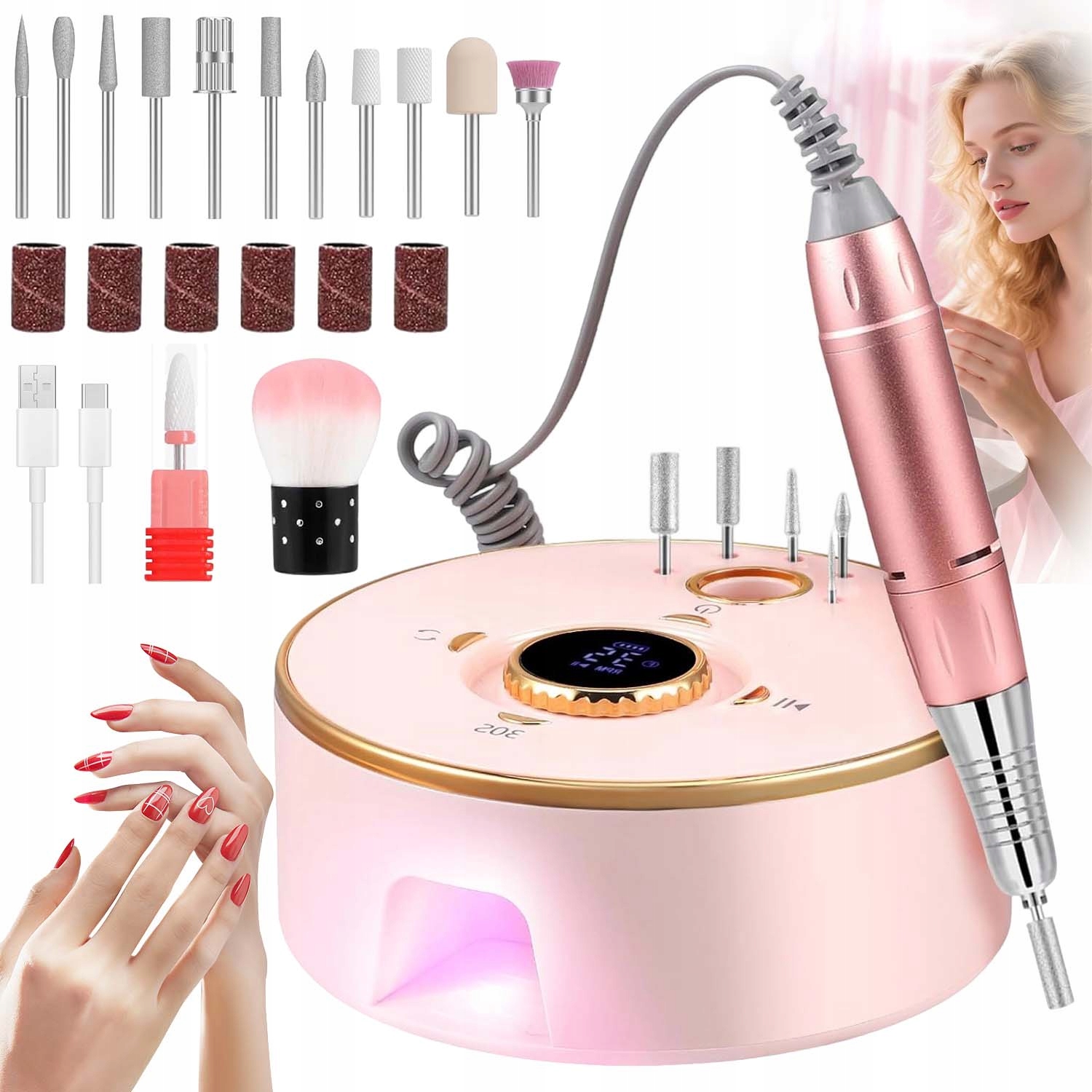 Bruska Manikúra Pedikúra Profesionální Sada Fréz Výkon 2V1