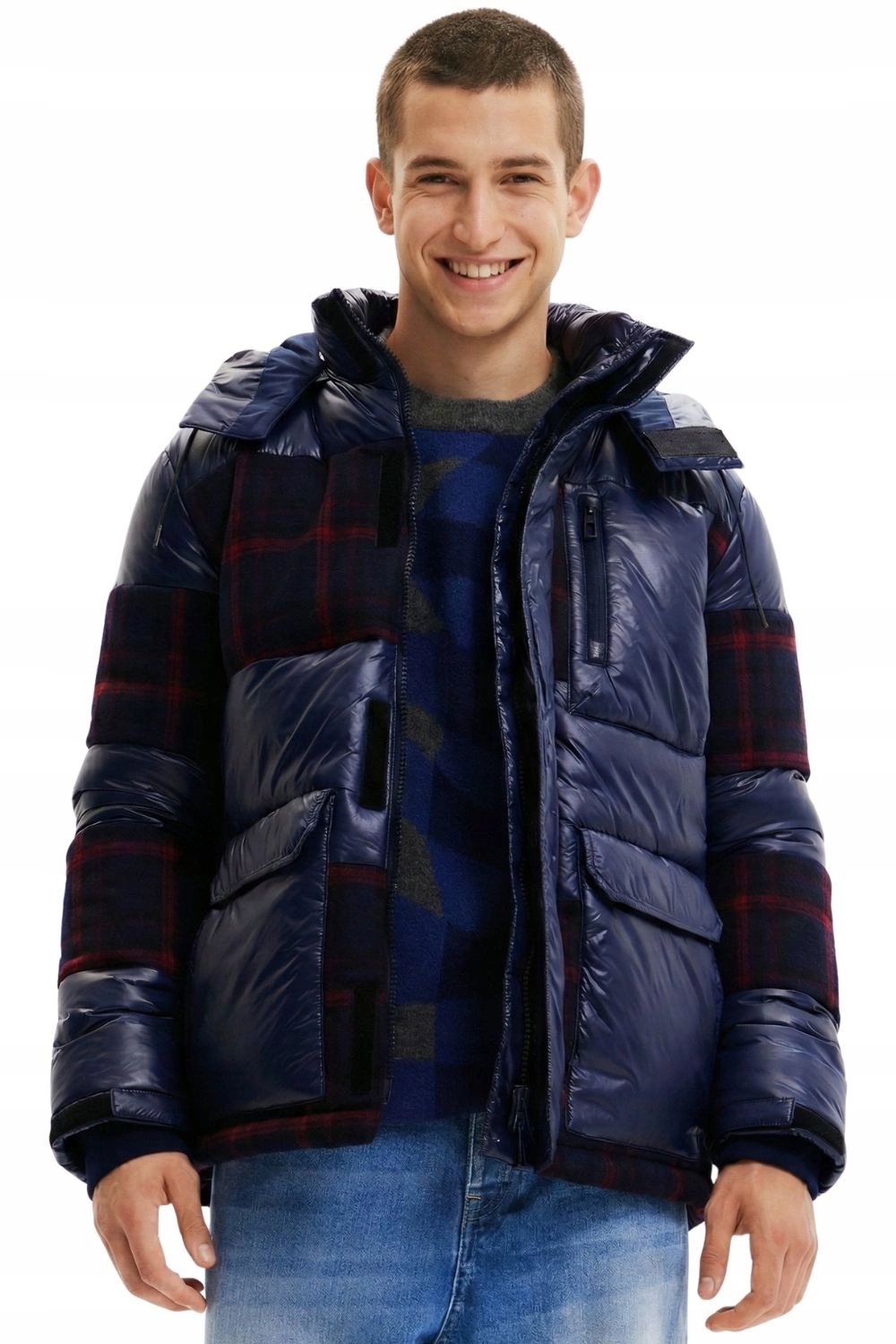 Pánská bunda Desigual prošívaná zimní s kapucí, modrá vlna, velikost S