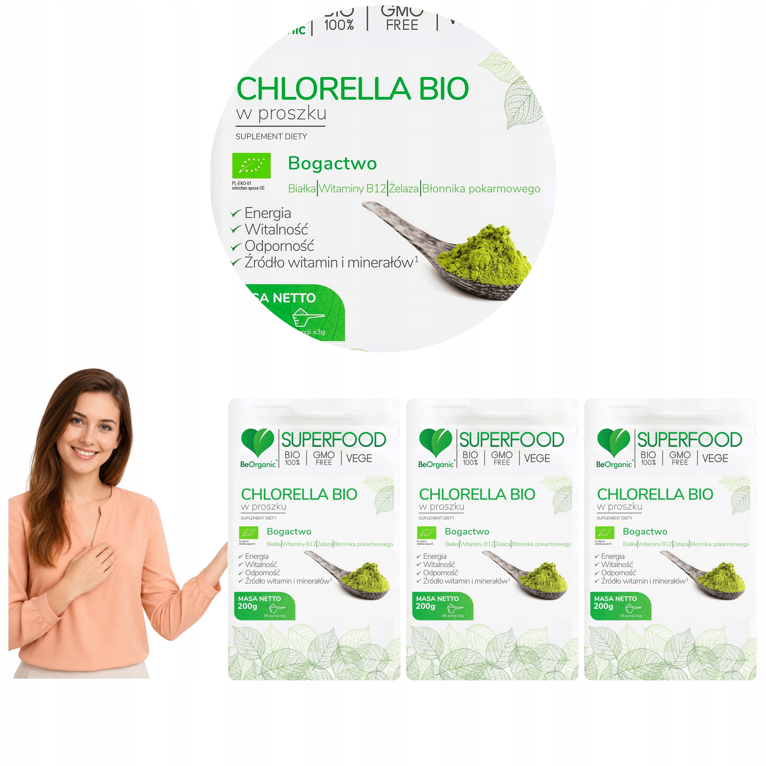3x Beorganic Chlorella Vulgaris Bio Mikroalga Słodkowodna Proszek 200 g