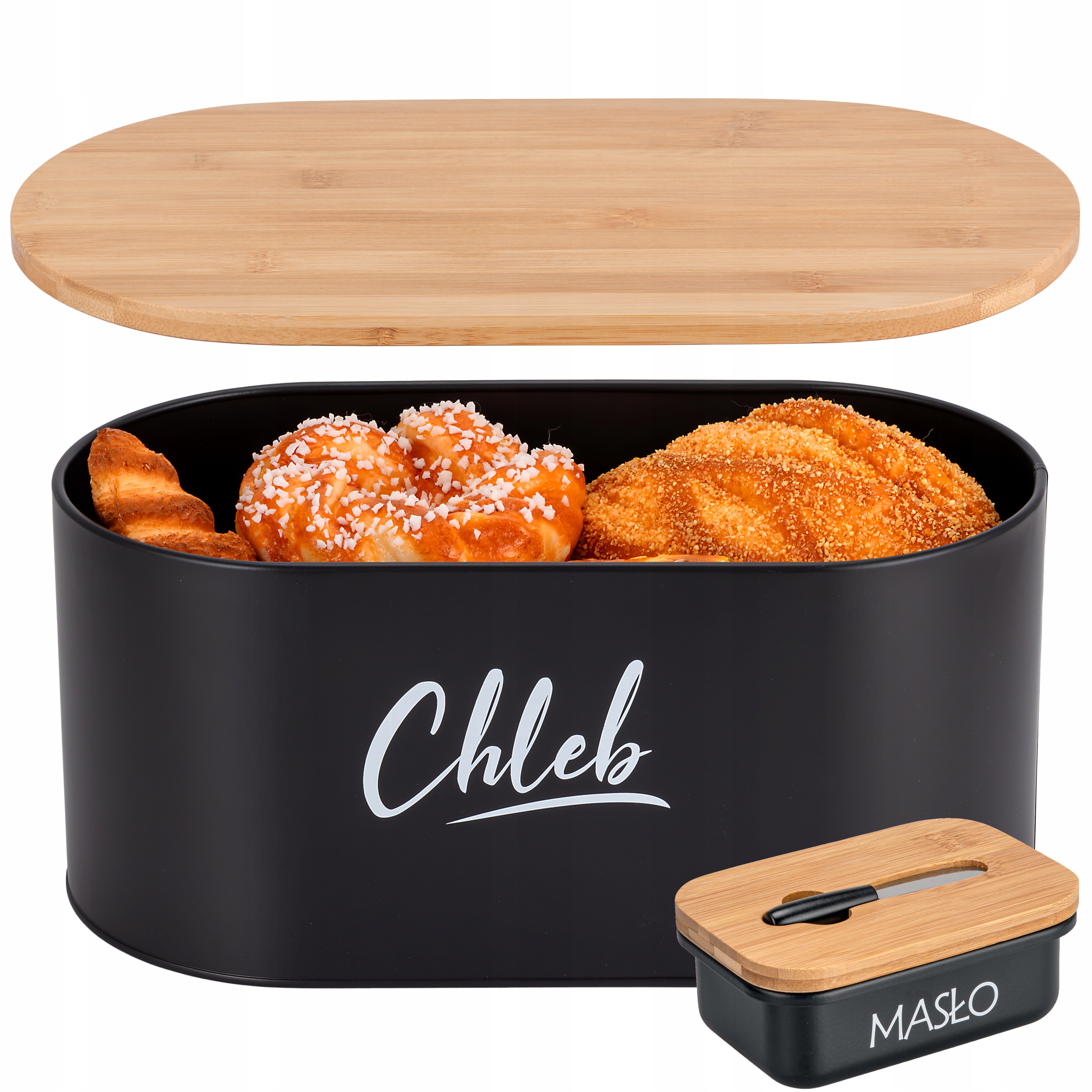 ZESTAW CHLEBAK METALOWY DREWNO POJEMNIK NA ŻYWNOŚĆ + DESKA MASELNICZKA NÓŻ Kod producenta 2762