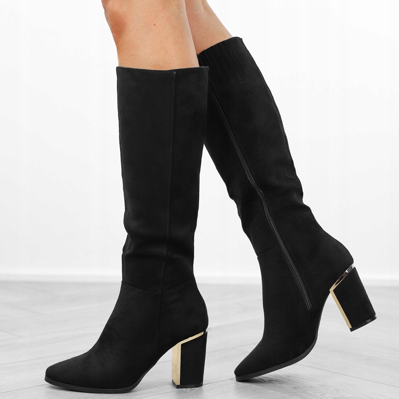 Czarne kozaki damskie zamszowe słupek QT63P r.38 Długość wkładki 24.5 cm