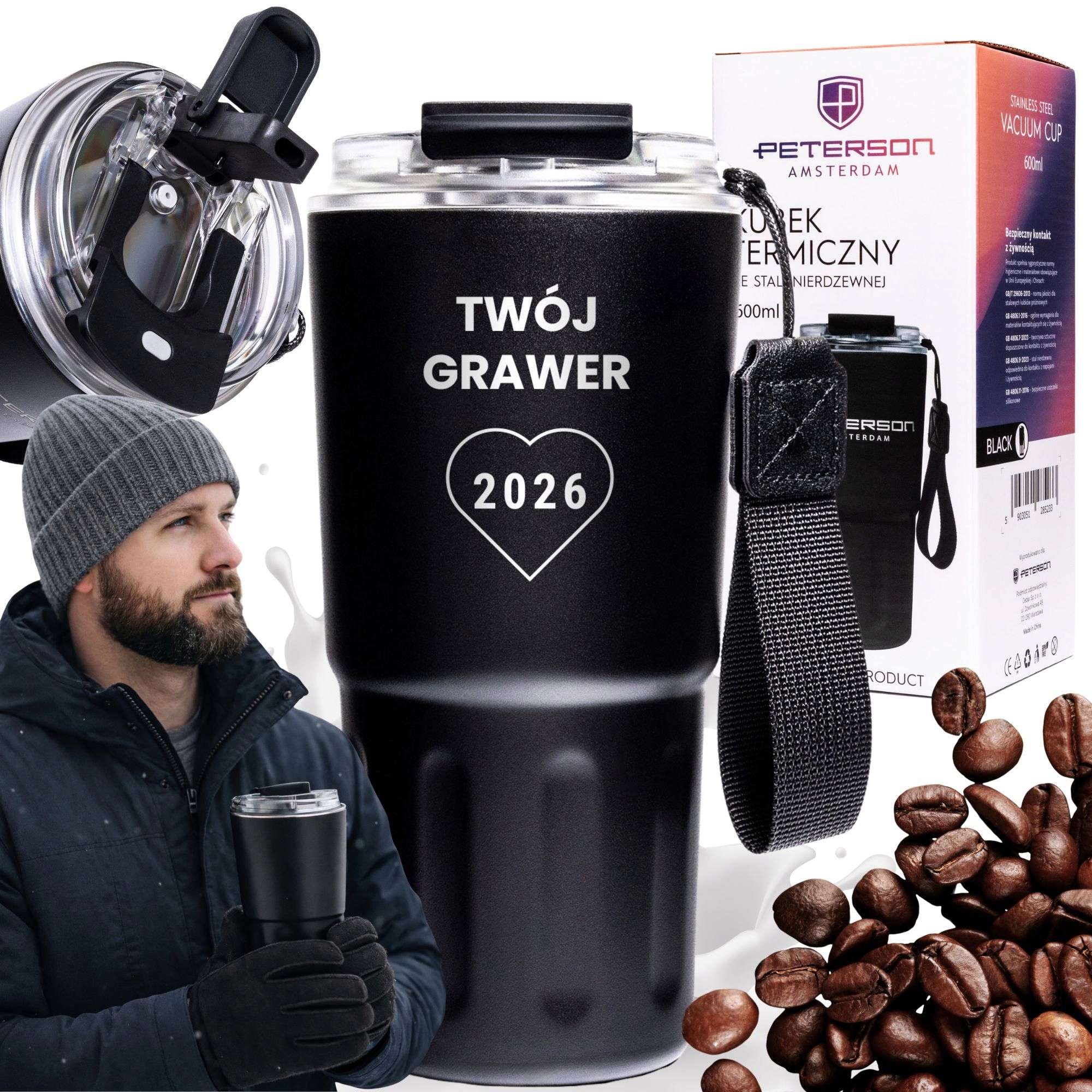 Kubek termiczny termos gorące napoje zimne 600ml Peterson Twój Grawer