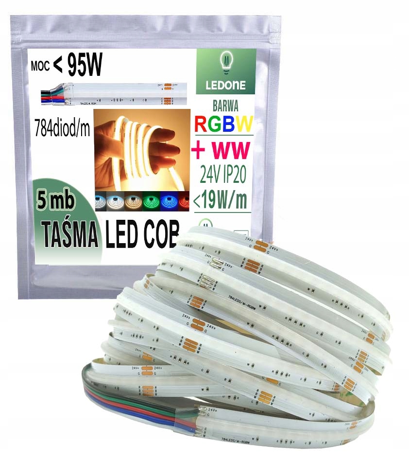 Led pásek Cob 784 diodová světelná linka Rgbw Ww Teplá 24V <19W/m 5mb