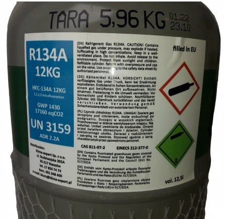 CZYNNIK CHLODNICZY R134A 12KG LEGALNY GAZ BUTLA Manufacturer catalog number 12 R134A KLIMAEXPER