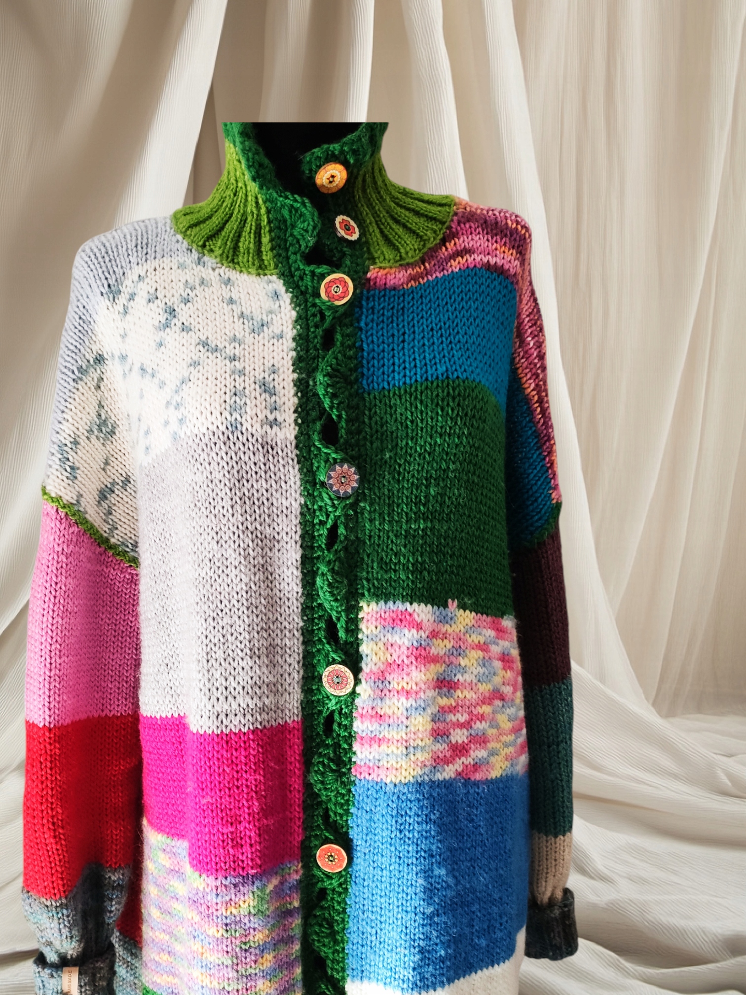 Svetr kardigan kabátek vlněný alpaka multicolor. Handmade, ruční práce