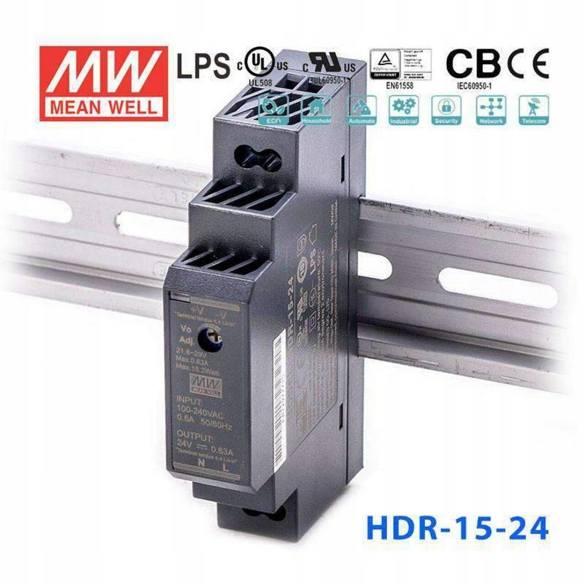 

Zasilacz impulsowy 15W Din HDR-15-24