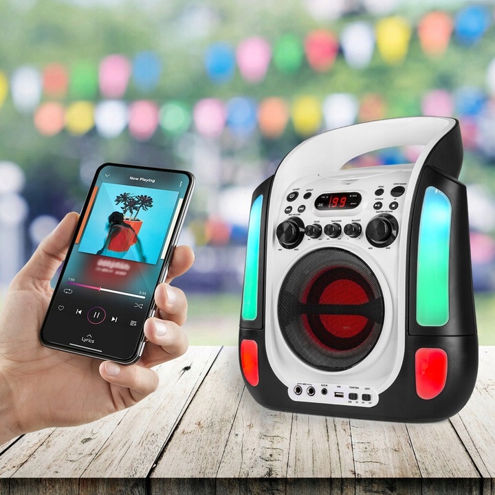 Głośnik KARAOKE bluetooth LED RCA AUX CD+G/2 MIC Tryby karaoke duet