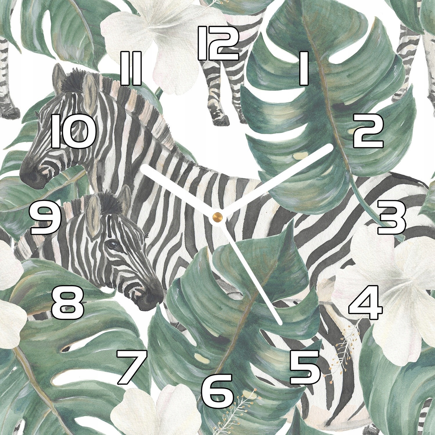 

Nowoczesny zegar szklany Zebra w liściach 30x30 cm