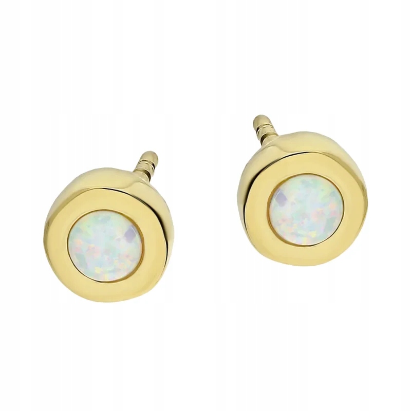 Stylové kulaté zlaté náušnice 585 s bílým opálem v dárek pouzdře