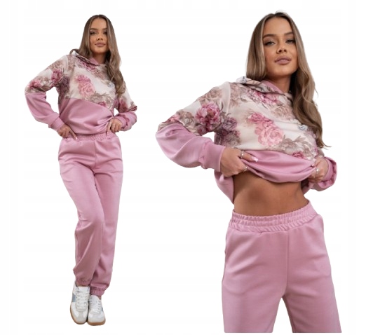 Dres damski komplet z kapturem kwiaty masełko różowy S/m