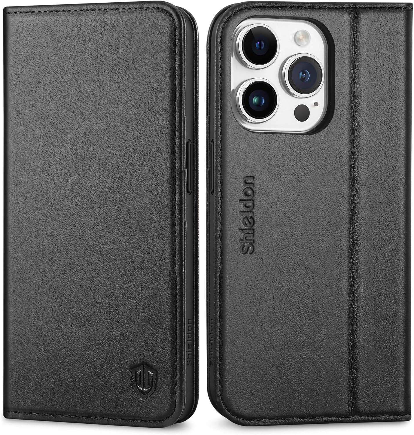 Etui z klapką Shieldon do iPhone 15 Pro Max Prawdziwa Skóra Czarny