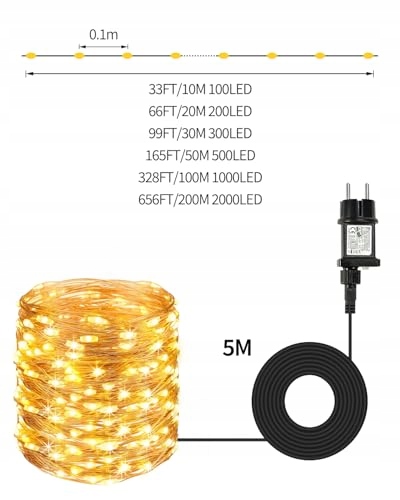 BOWFAR Lampa LED 10M 100LED Ciepła Biała IP65 Wodoodporna Na Zewnątrz — miniatura 7