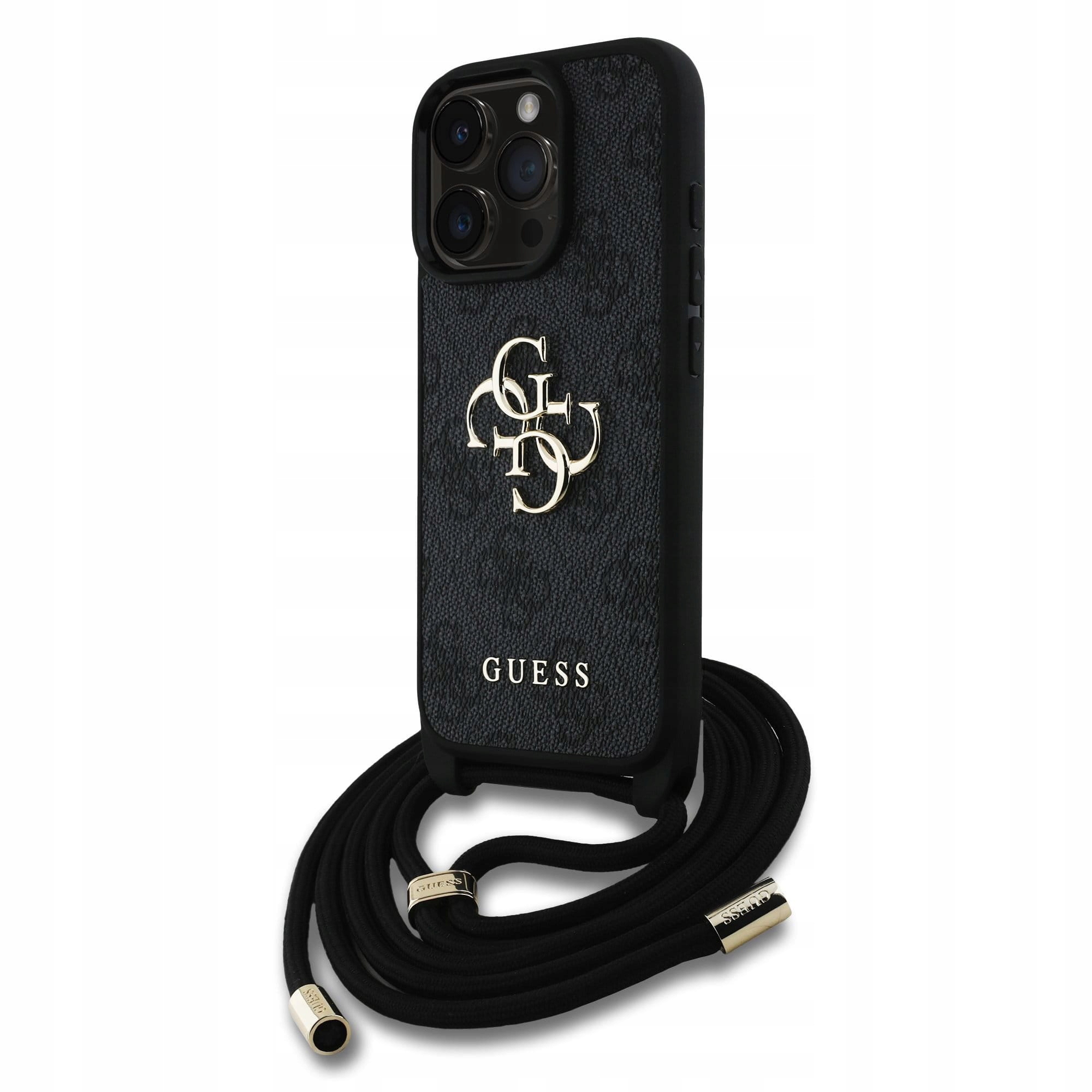 Guess Pouzdro Pu 4G Metal Logo pro iPhone 15 Pro s ramenním popruhem, černé