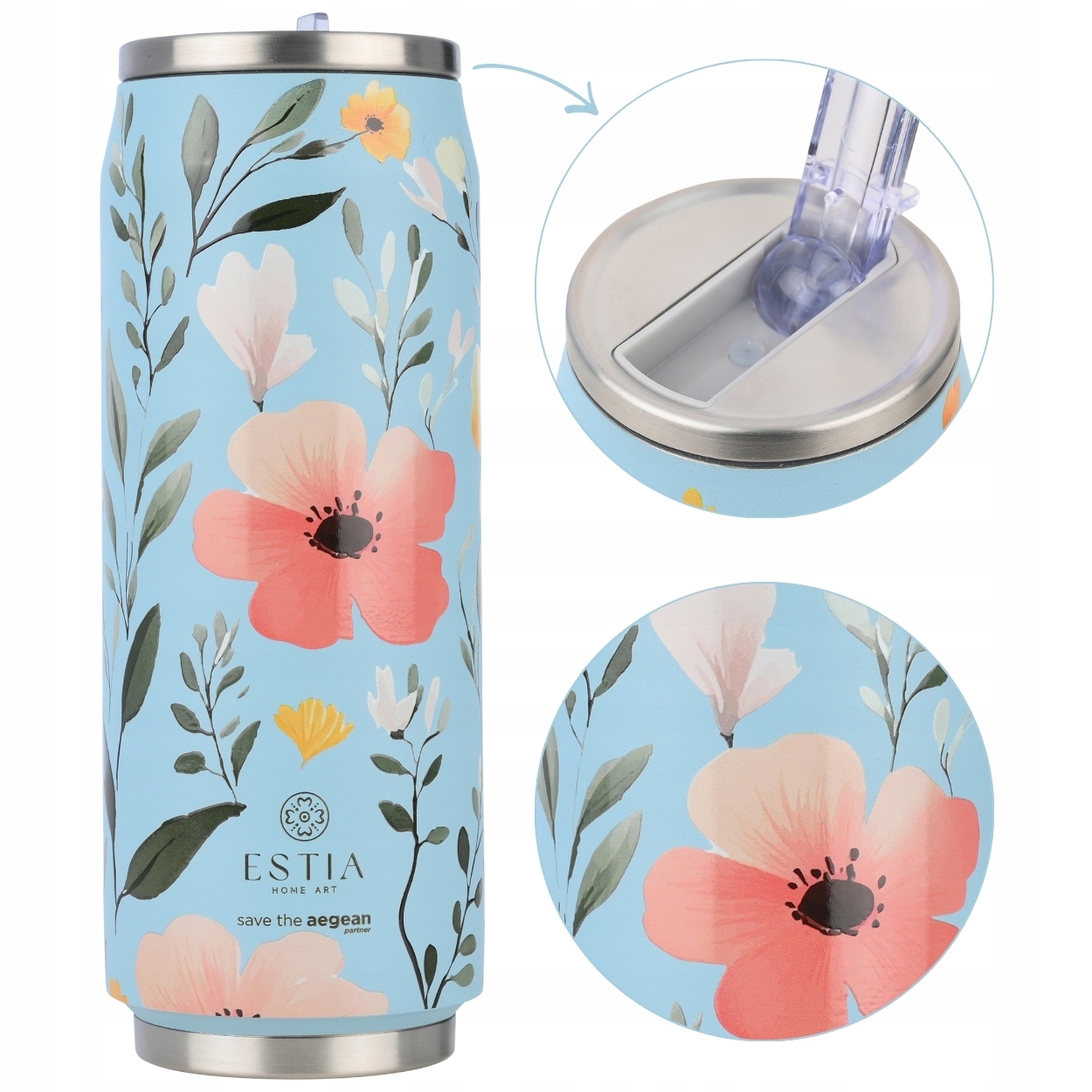 Kubek Termiczny Ze Słomką 0,5 l szczelny stal nierdzewna niebieski kwiaty