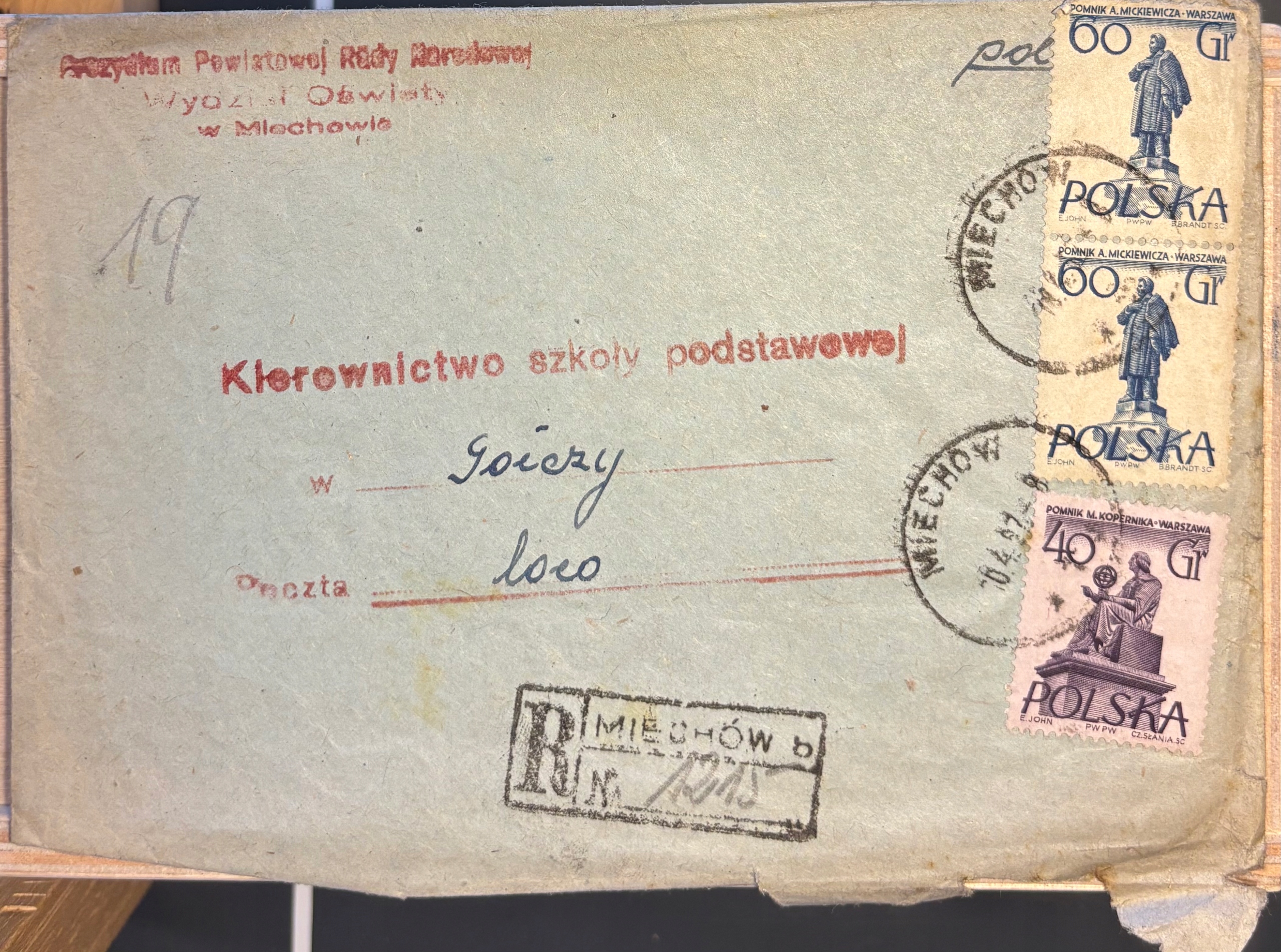 Koperta szkoła Gołcza stempel Miechów