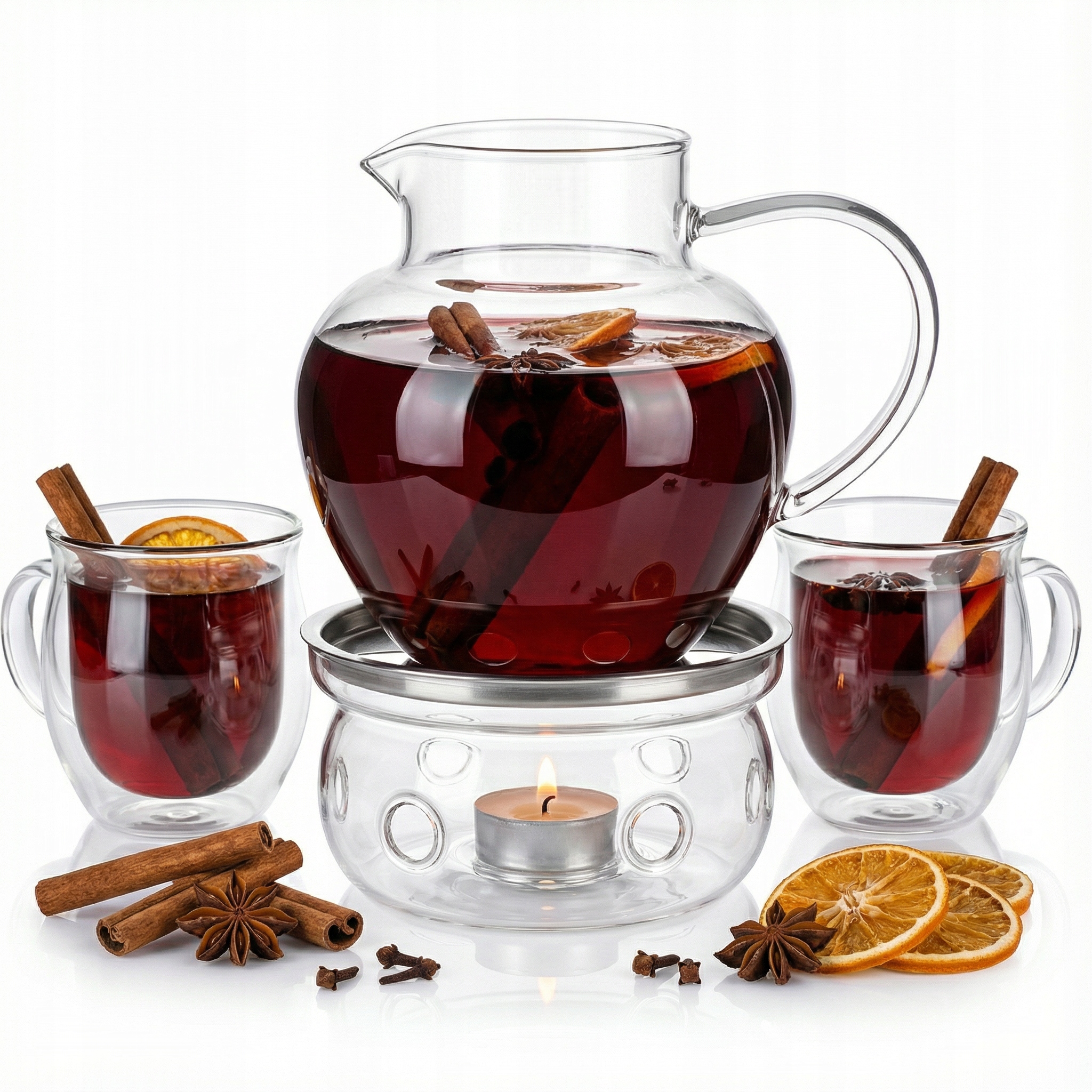 Sada Na Svařák 1L Džbán, 2x Hrníček Ohřívač Sklo