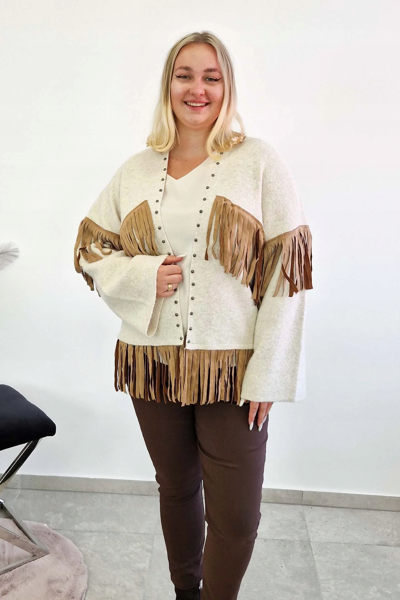 Dámský kardigan Přehoz s třásněmi Béžový Uni