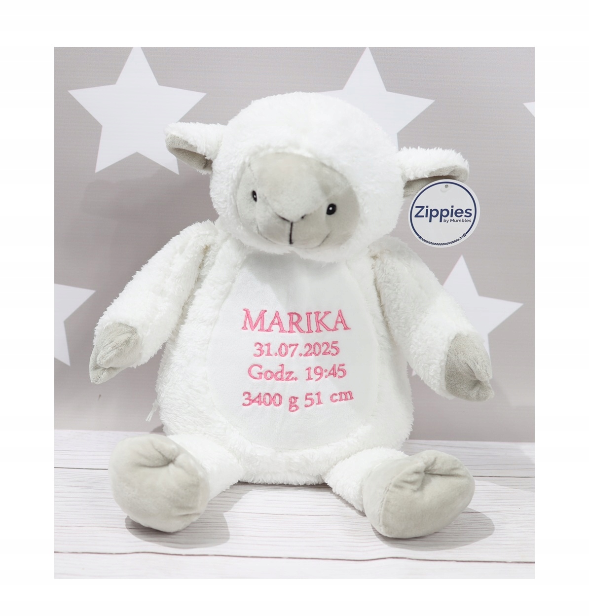 Plyšová Hračka Ovečka s personalizovaným vyšíváním, metrička – dárek – 34 cm –