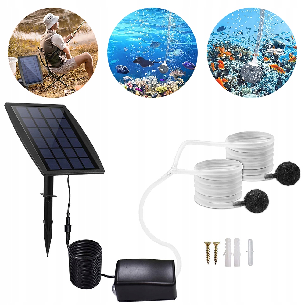 Solární provzdušňovací čerpadlo 2.5 W 2200 mAh 3 režimy provozu 2 výstupy vzduchu