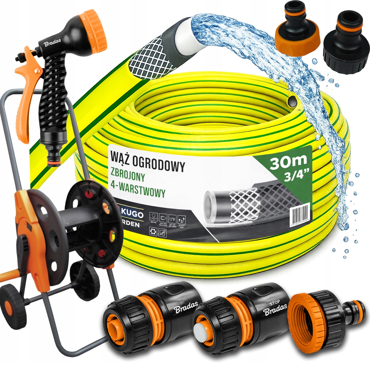 Hadice 3/4" 30 m 4 Vrstvy Pistole Vozík Set Bradas