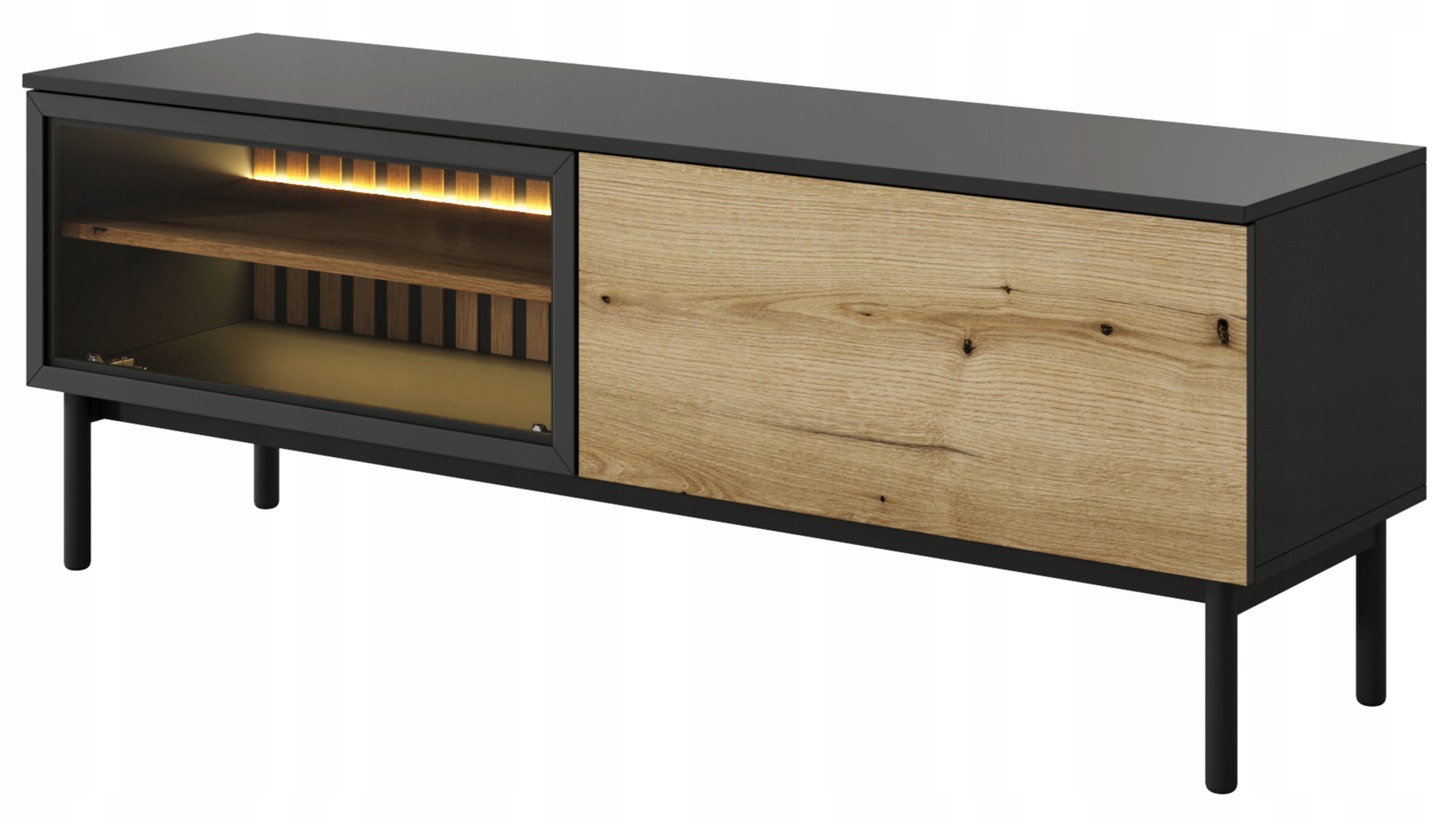 Rtv skříňka Lang 150 cm s lamelami a Led osvětlením, černá dub evoke