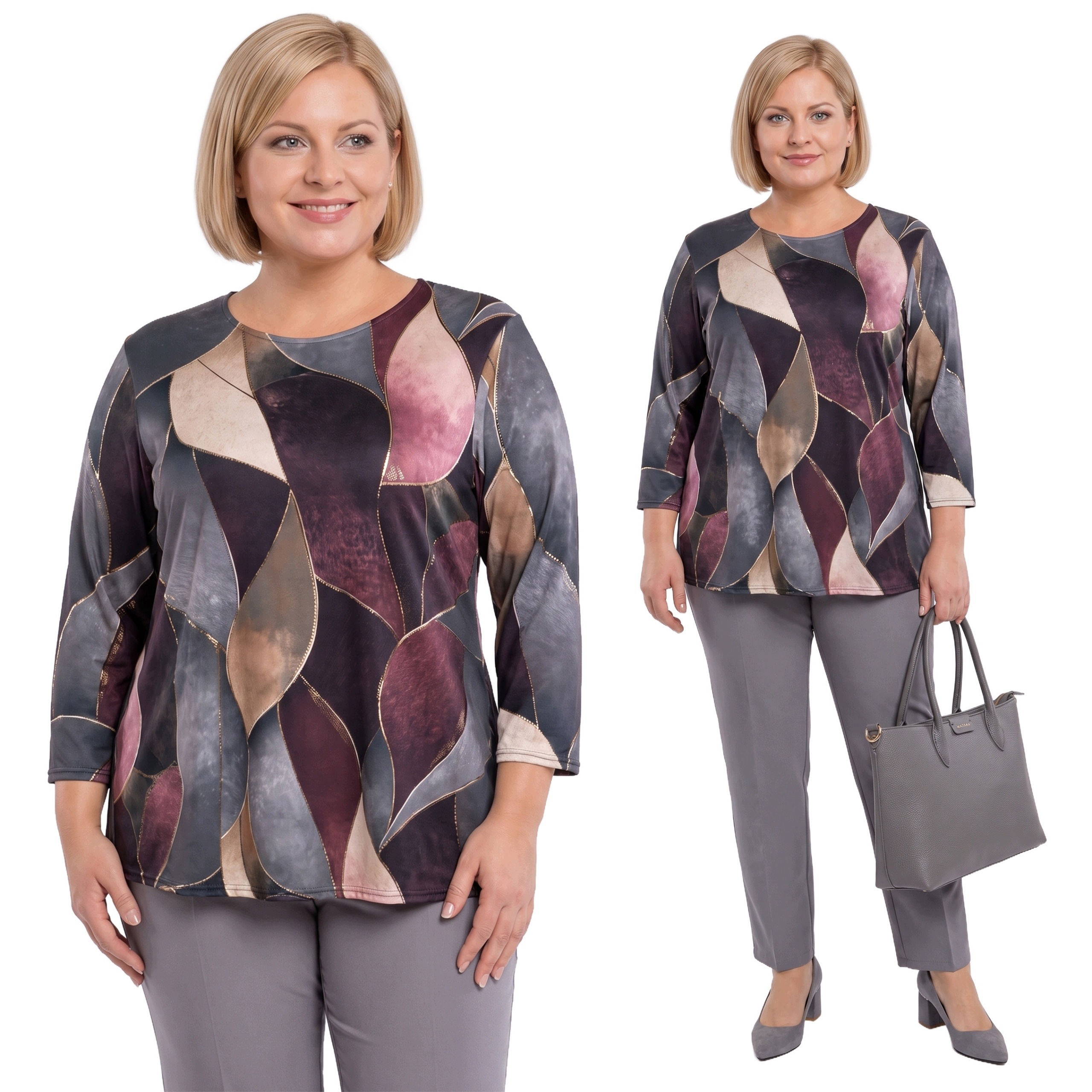 Halenka s pozlacenými fialovo-šedými vzory plus size velikost 56