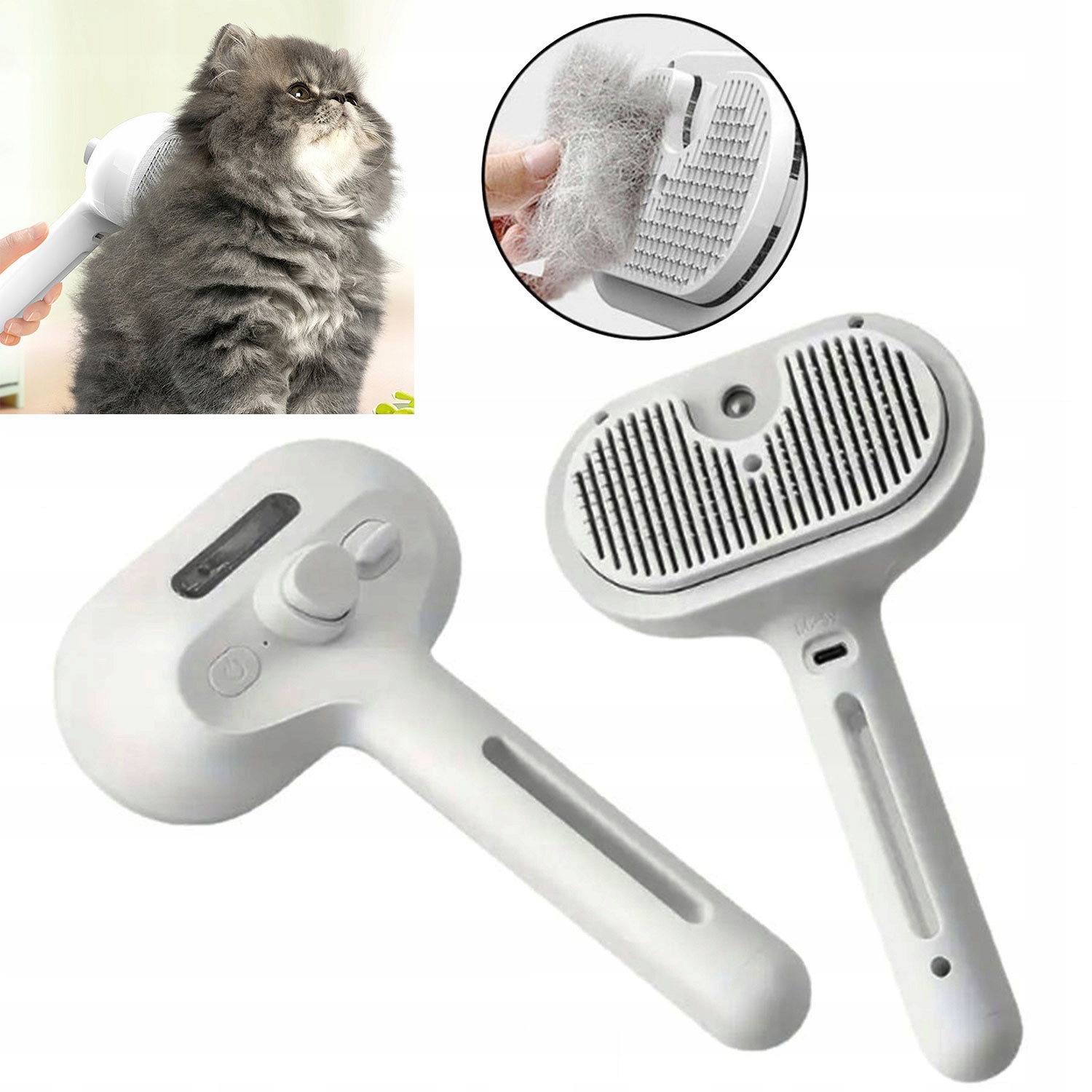 Samočisticí elektrické parní kartáče pro péči o srst psa a kočky, bílé