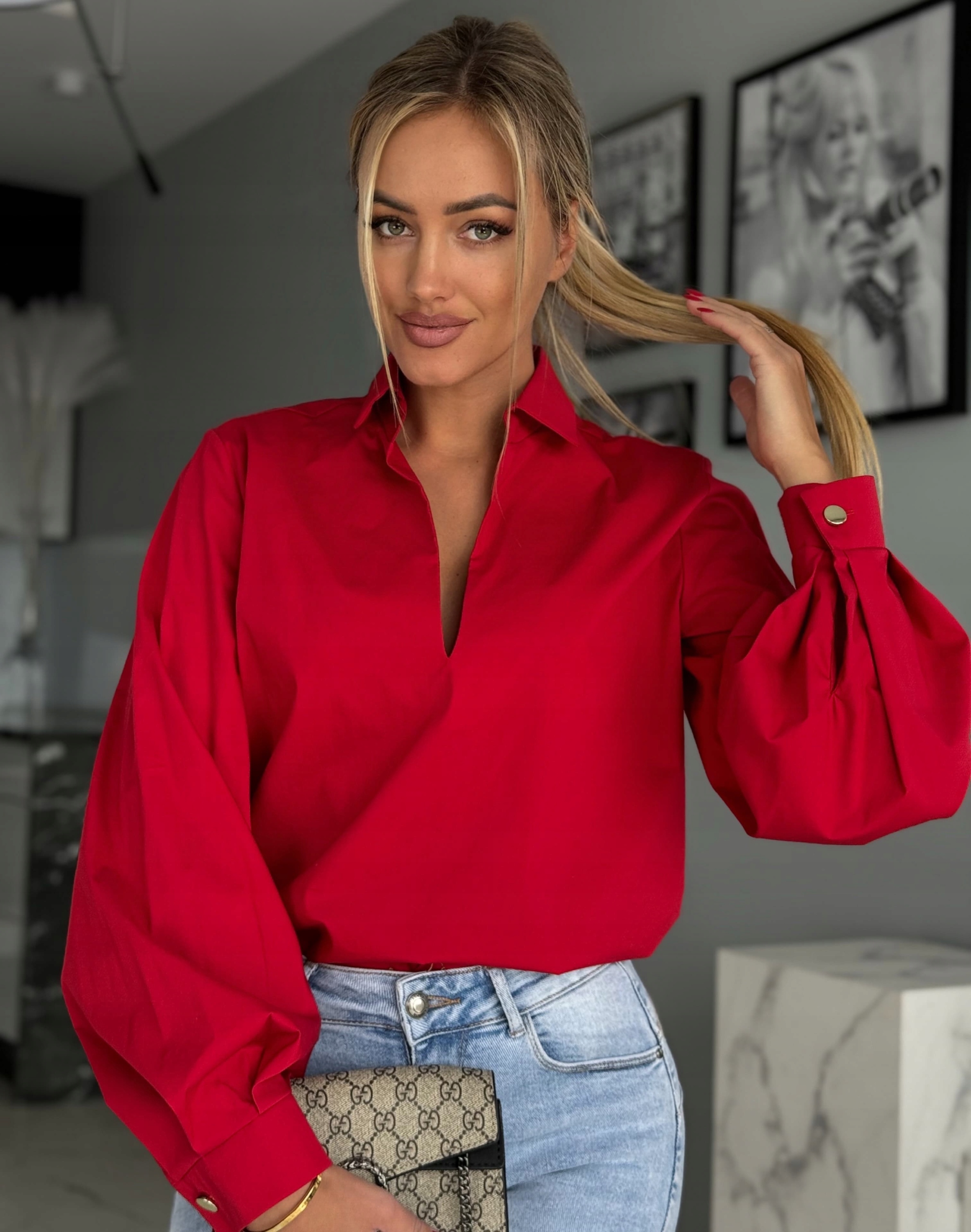 Elegantní dámská košile s bufiastými rukávy Stylová červená S