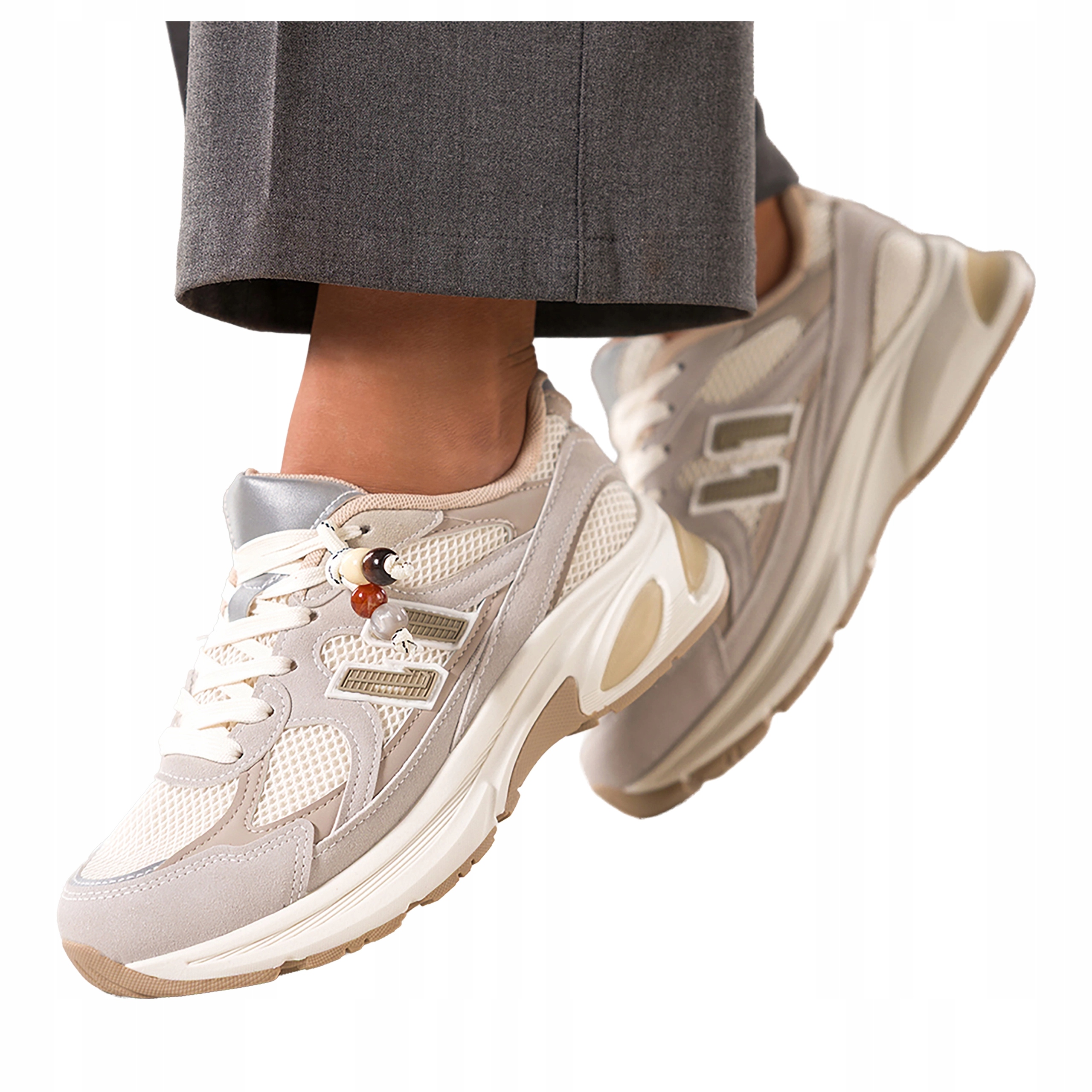 Béžové dámské tenisky na platformě, sportovní šněrování se síťkou, velikost 36