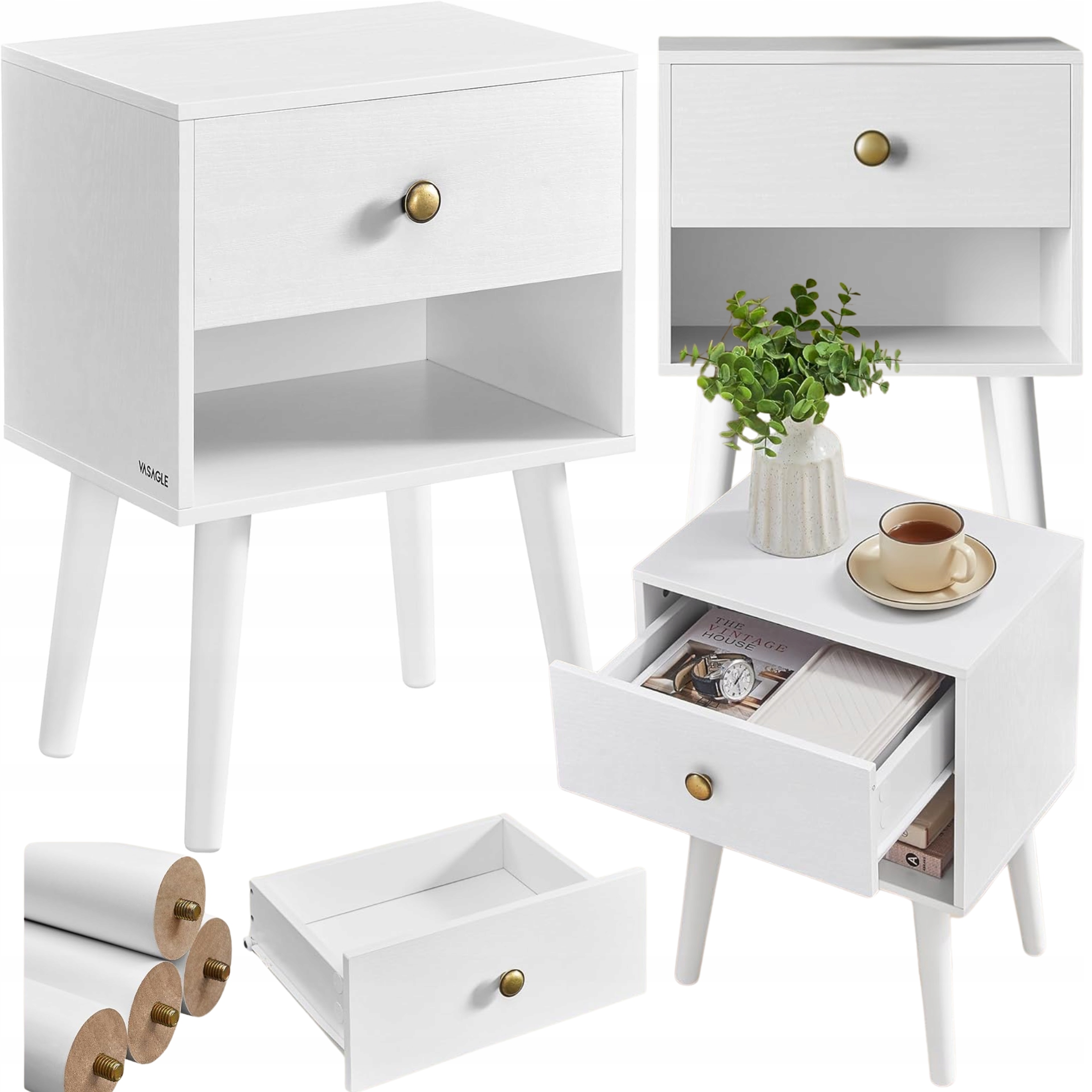 Bočný pomocný stolík Nočná Skrinka pri posteli Nakastlik Biela s zásuvkou