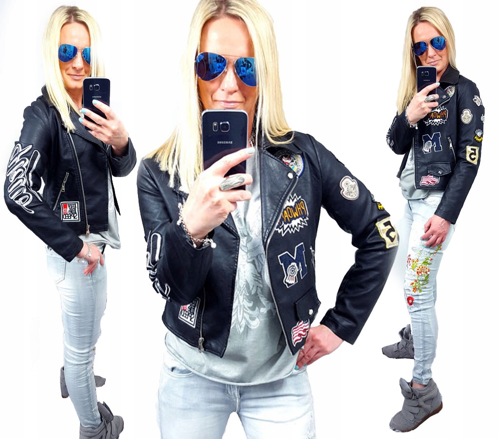 

Kurtka Skóra Ramoneska Moto Biker Haft Naszywki M
