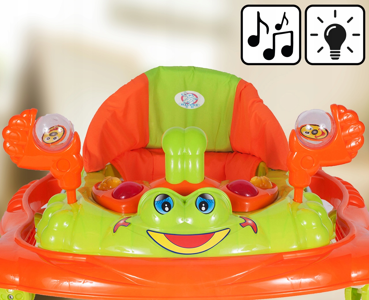 JEŹDZIK CHODZIK DLA DZIECI REGULACJA WYSOKOŚCI Z BLOKADĄ DO NAUKI CHODZENIA Materiał plastik tkanina