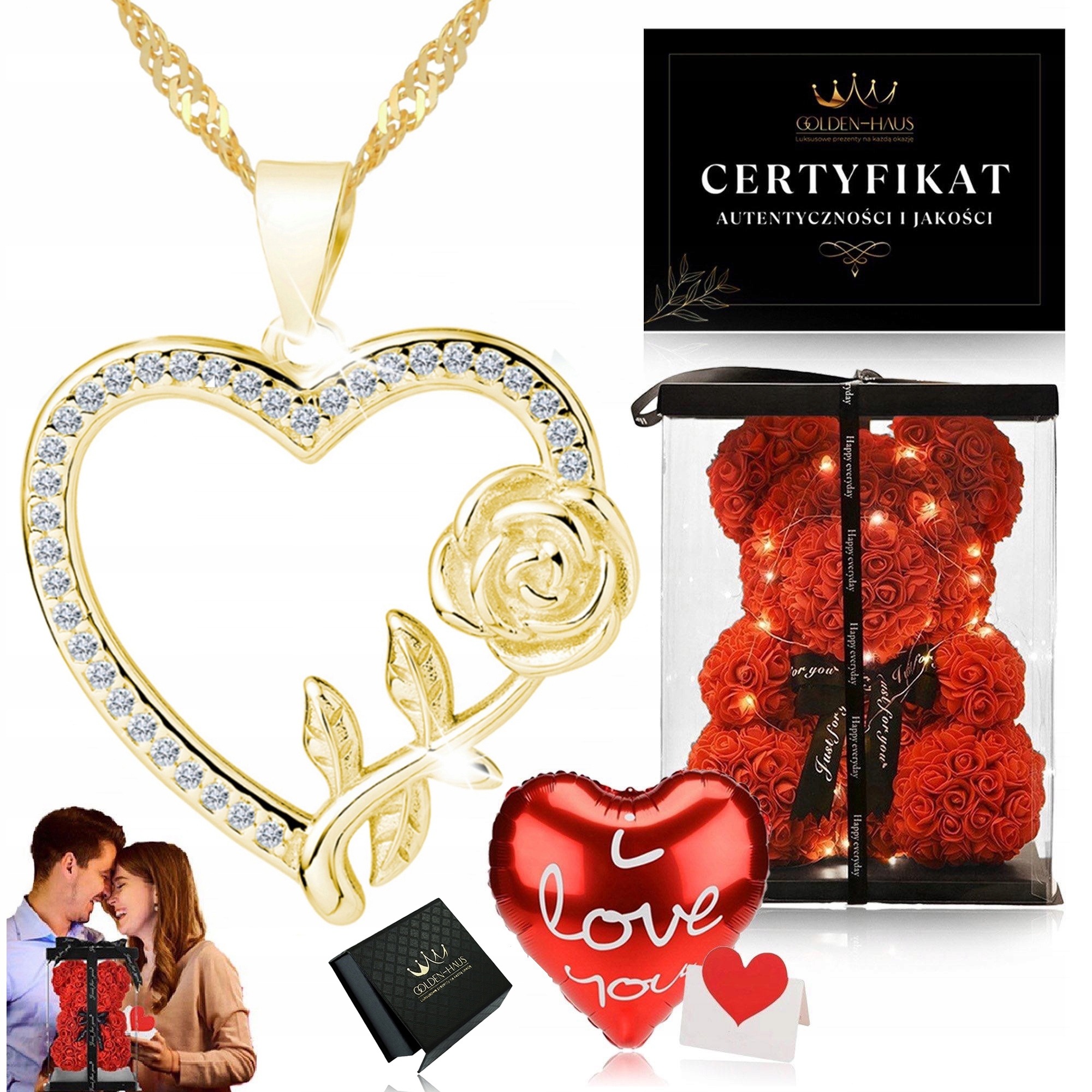 Dámský Zlatý Elegantní Řetízek Se Srdíčkem 925/585 Medvídek Z Růží Pro Ni