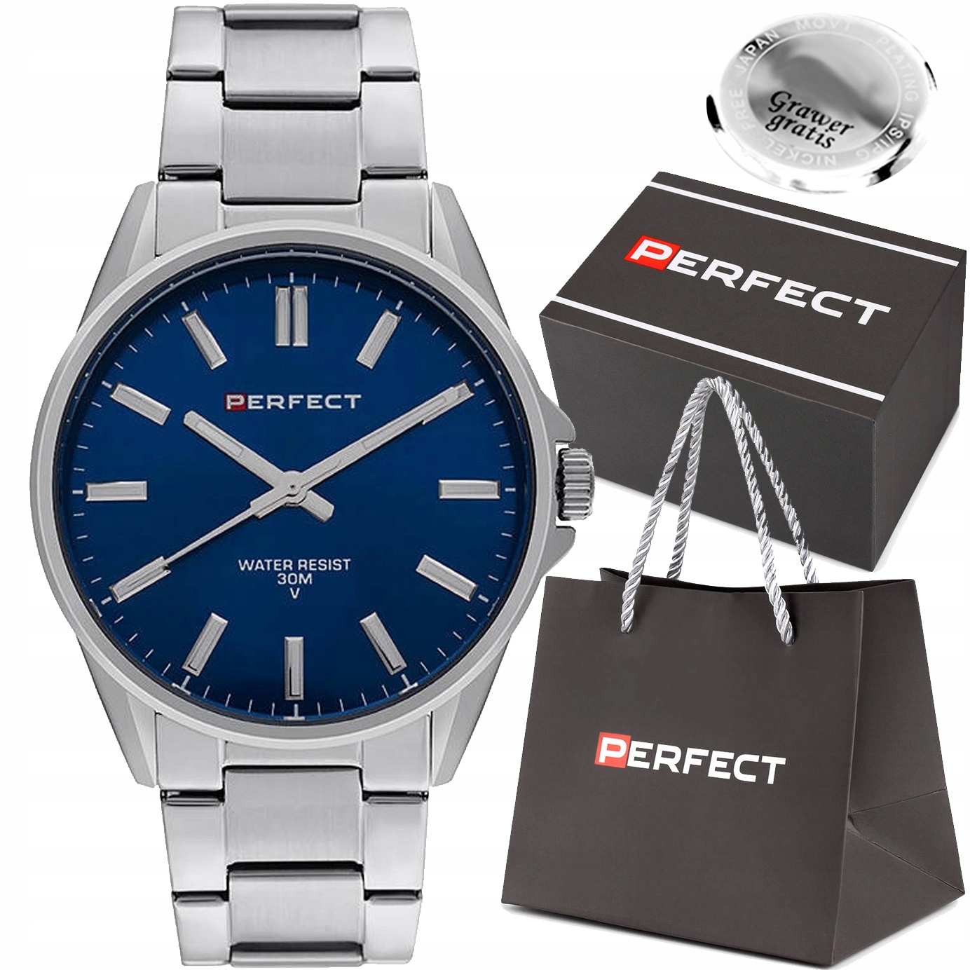 Pánské hodinky Perfect Larry efektní modrý ciferník S Gravírováním