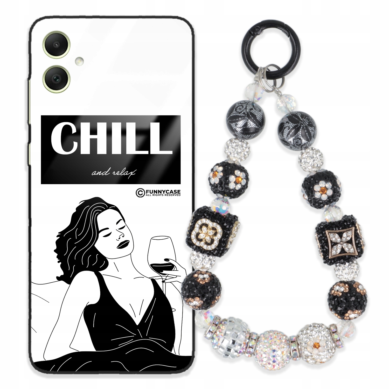 Puzdro Na Samsung A05 4G Glass Ženské Black&white Kľúčenka Strieborné Zirkóny Wz