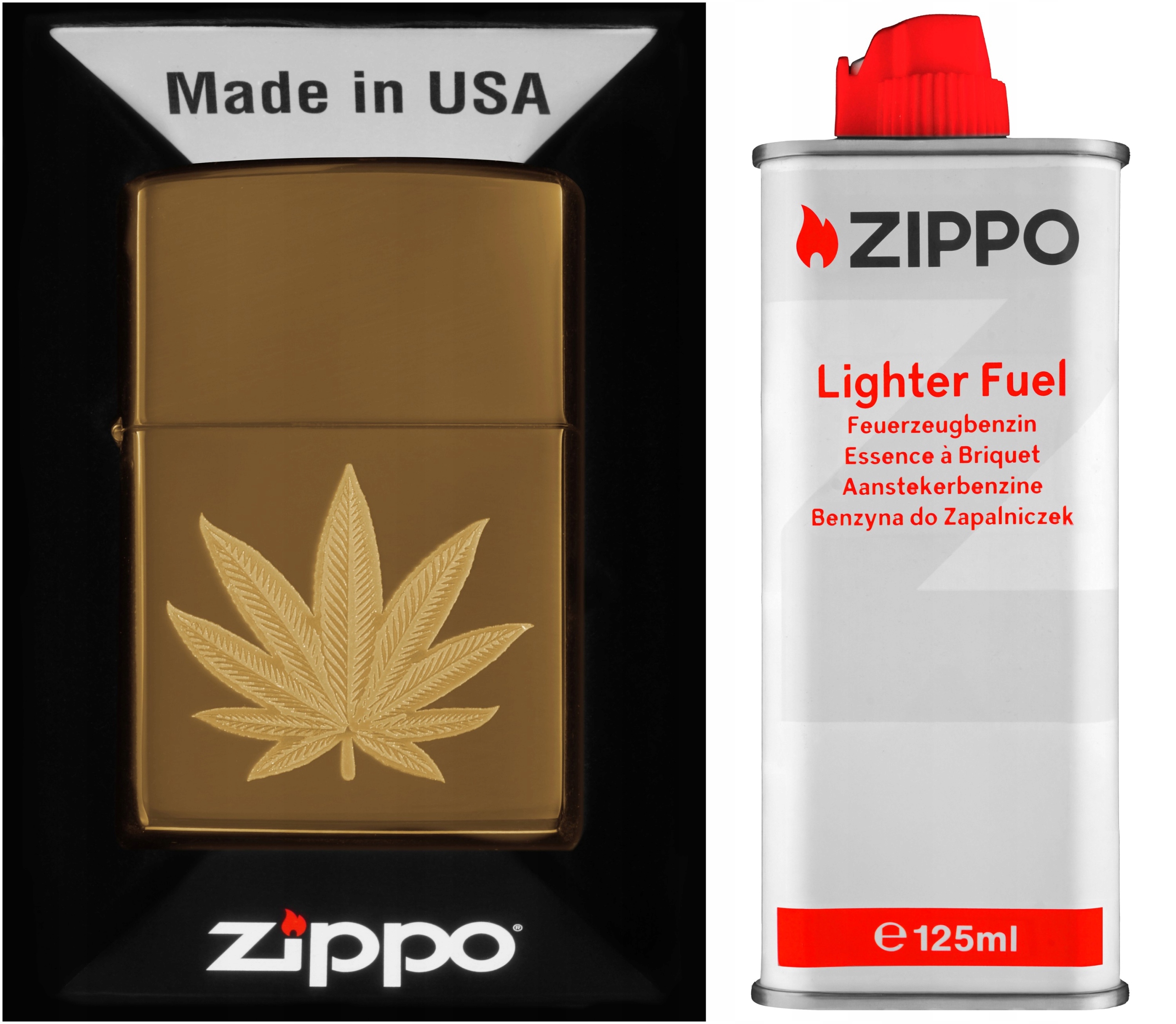 Sada Zippo Zapalovač Cannabis Leaf Design Benzín 125 ml