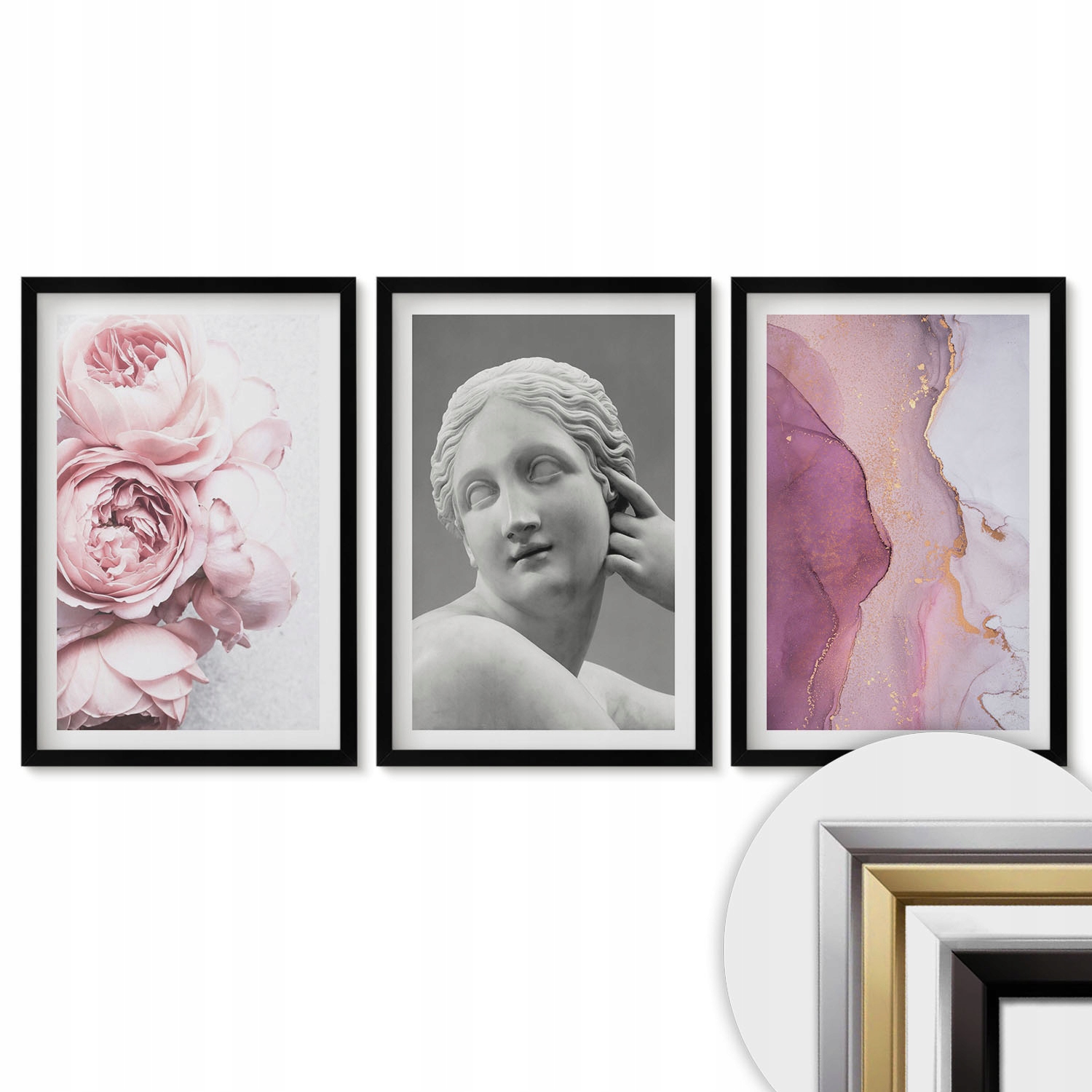 Triptych Sada 40x60 obrazů na zeď Pivoňky abstraktní socha ženy