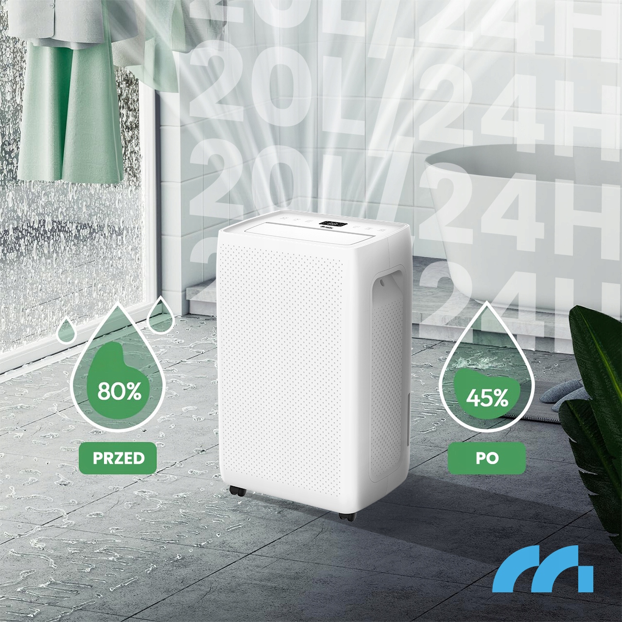 OSUSZACZ POWIETRZA POCHŁANIACZ WILGOCI CICHY WYDAJNY WiFi TIMER 20L/24H Kolor dominujący biały