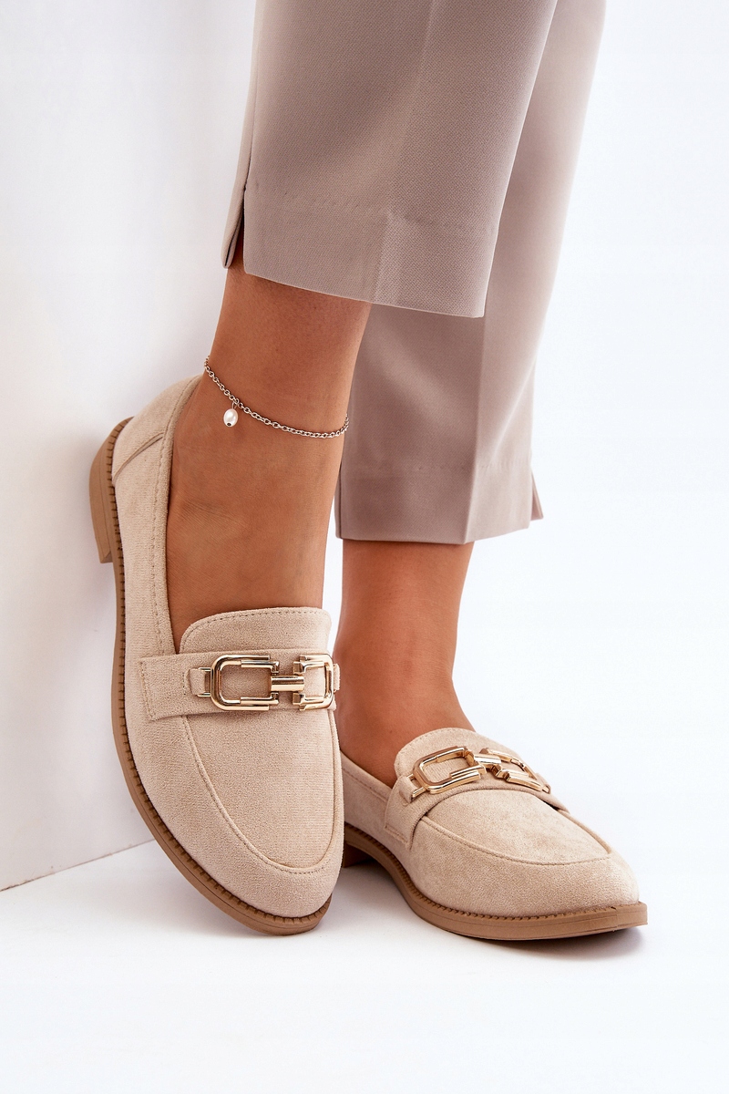 MOKASYNY DAMSKIE EKO ZAMSZOWE NA PŁASKIM OBCASIE Z OZDOBĄ BEŻOWE 38 Wzór dominujący bez wzoru