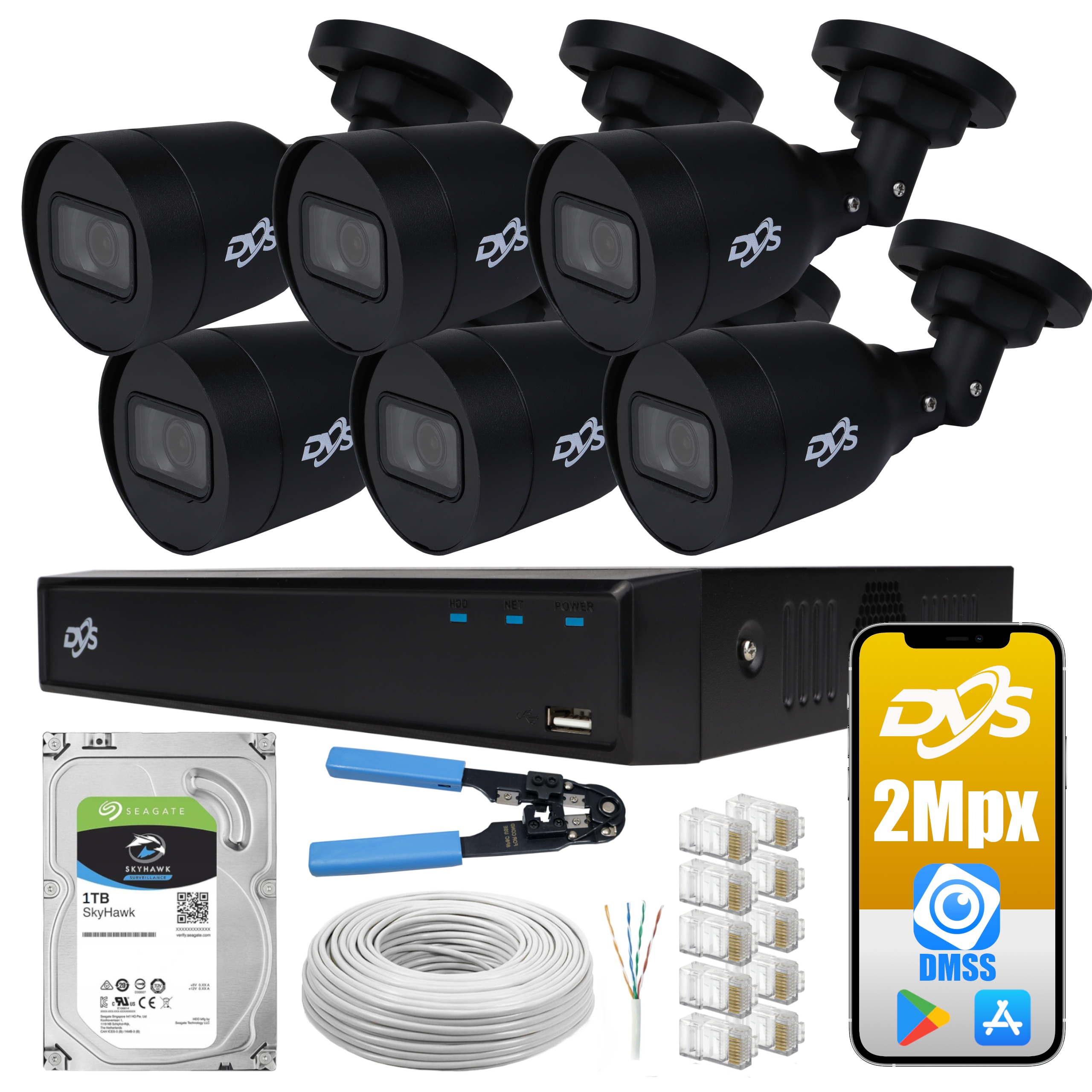 

Zestaw monitoring Ip 6 czarne kamery Poe 2Mpx dysk