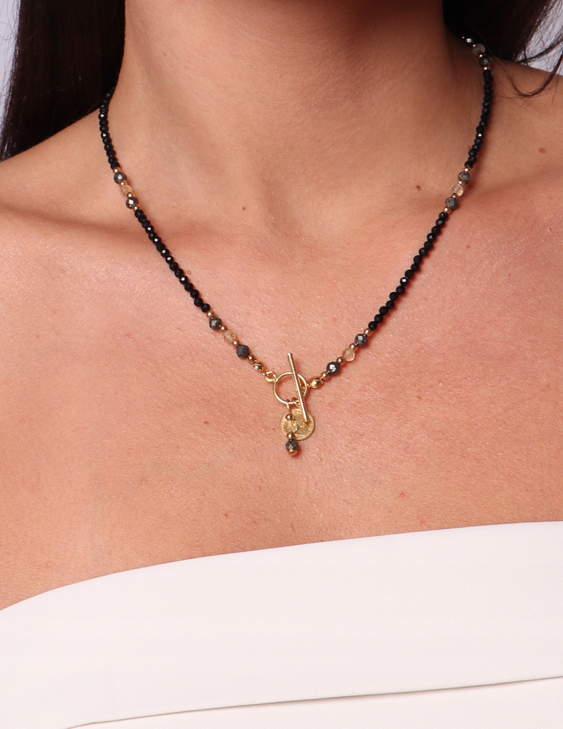 Naszyjnik czarny turmalin cytryn i piryt toggle z zawieszką