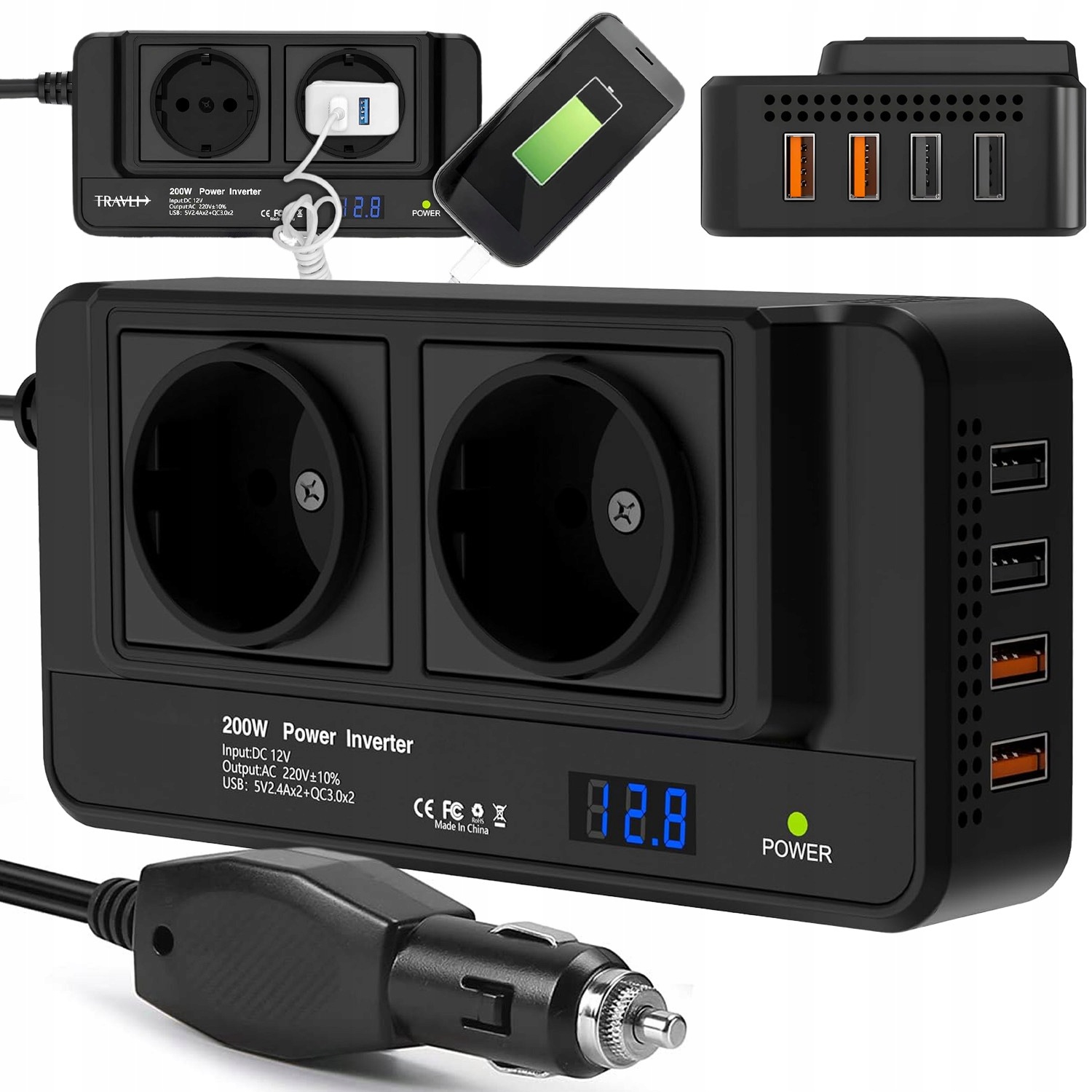 Měnič Napětí Automobilová 200W Výkonný DC 12V Na Ac 220V 110V Čtyři Usb